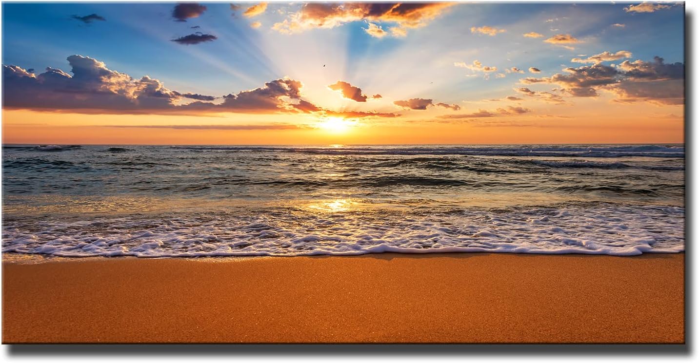 SUCREY Pintura en lienzo con diseño de olas del océano del amanecer en la playa, pósteres e impresiones modernas, arte de pared, sala de estar,