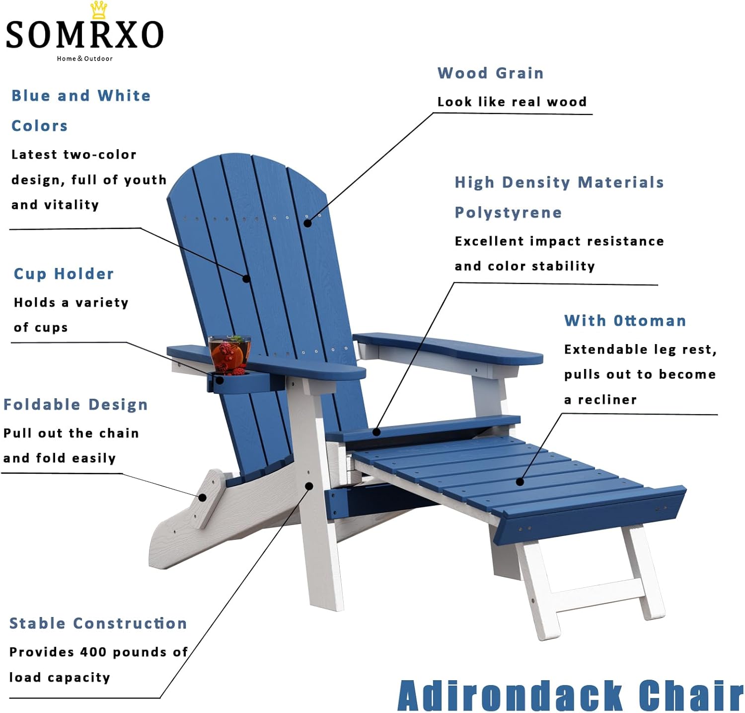 SOMRXO – Sillas Adirondack de plástico con otomana plegable, silla Adirondack plegable con portavasos, silla para hoguera, silla de patio al aire