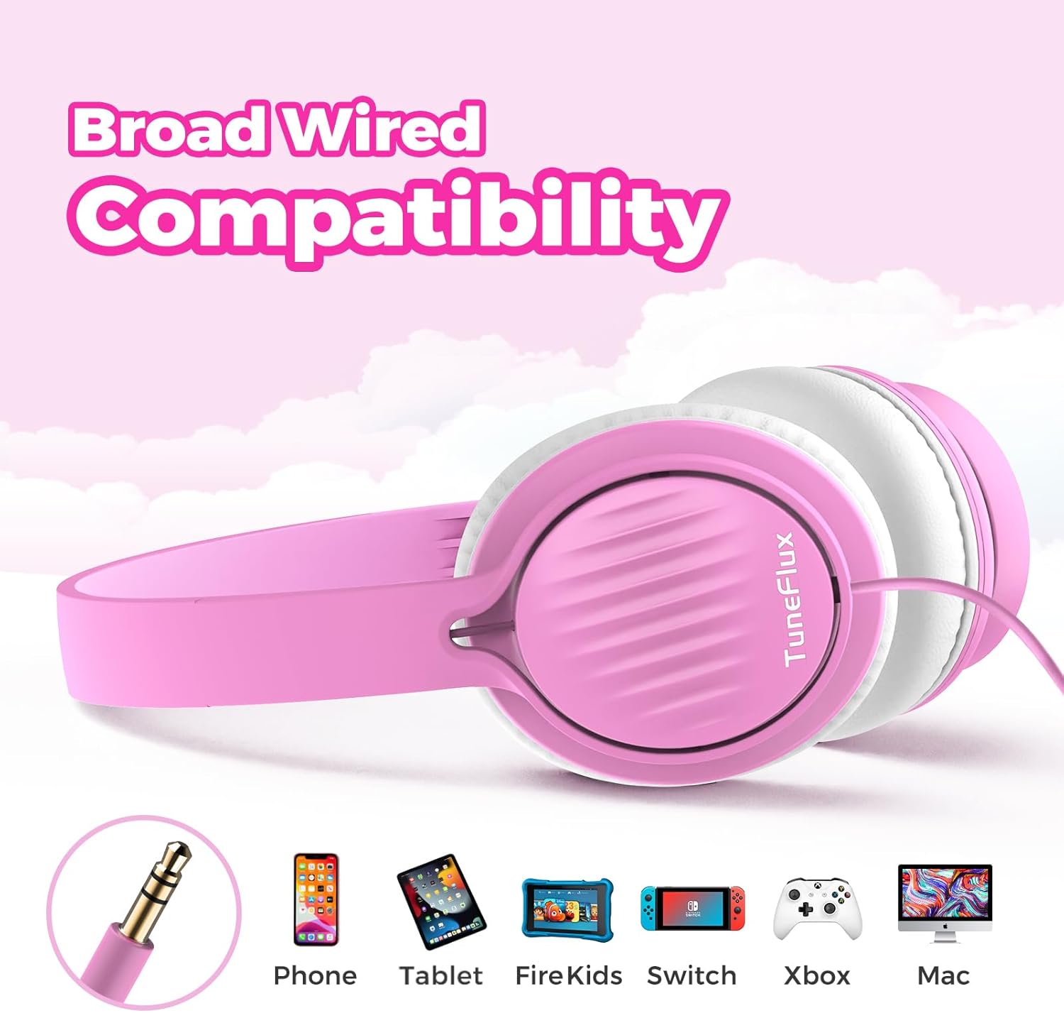 TuneFlux Auriculares para niños, auriculares para niños pequeños con limitador de volumen seguro de 85 dB, auriculares escolares con cable para
