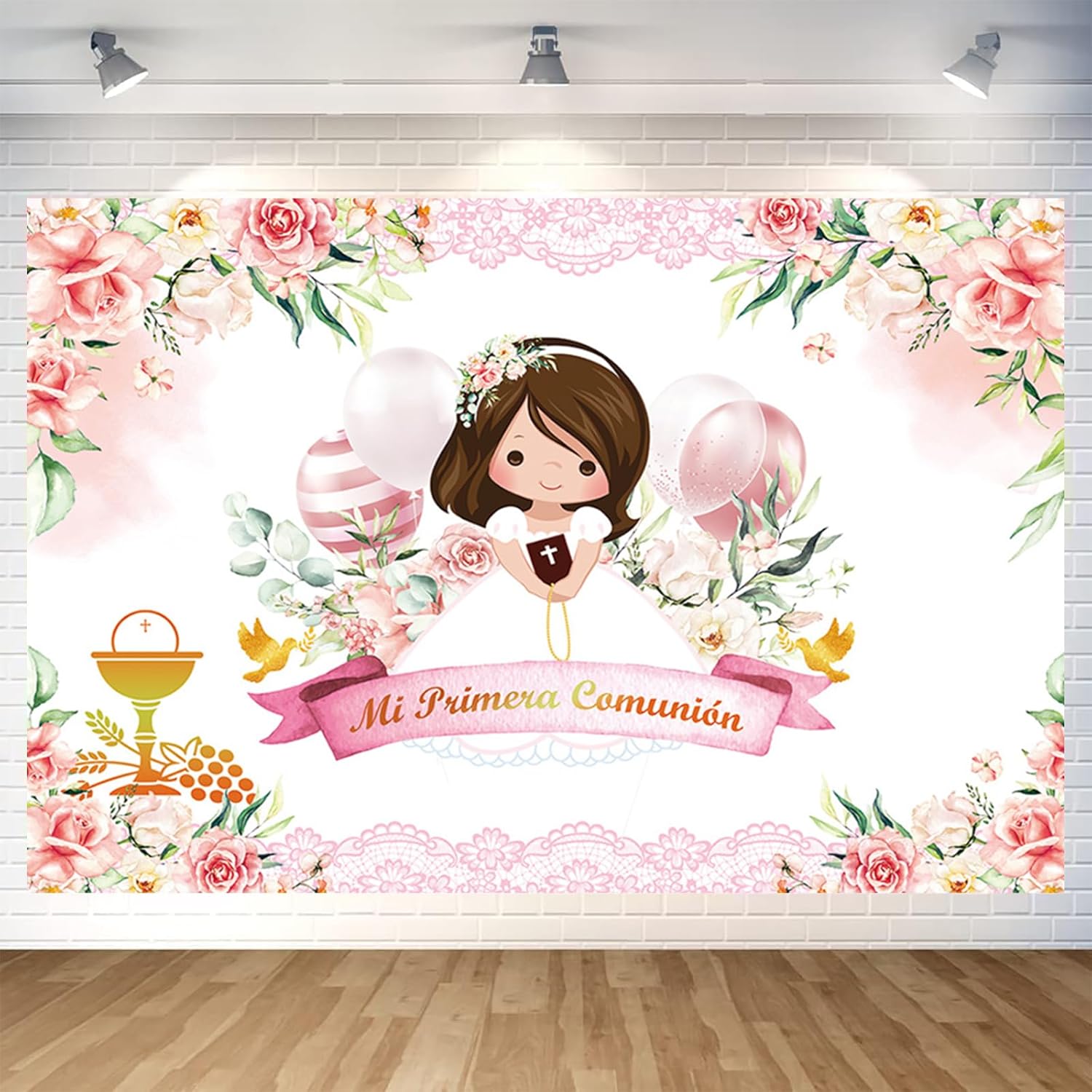 Mi Primera Comunion Bautizo Fotografía Fondo de Bautismo para niña, Dios bendiga la primera comunión Mi Bautizo Cáliz Globo Rosa Floral Decoración