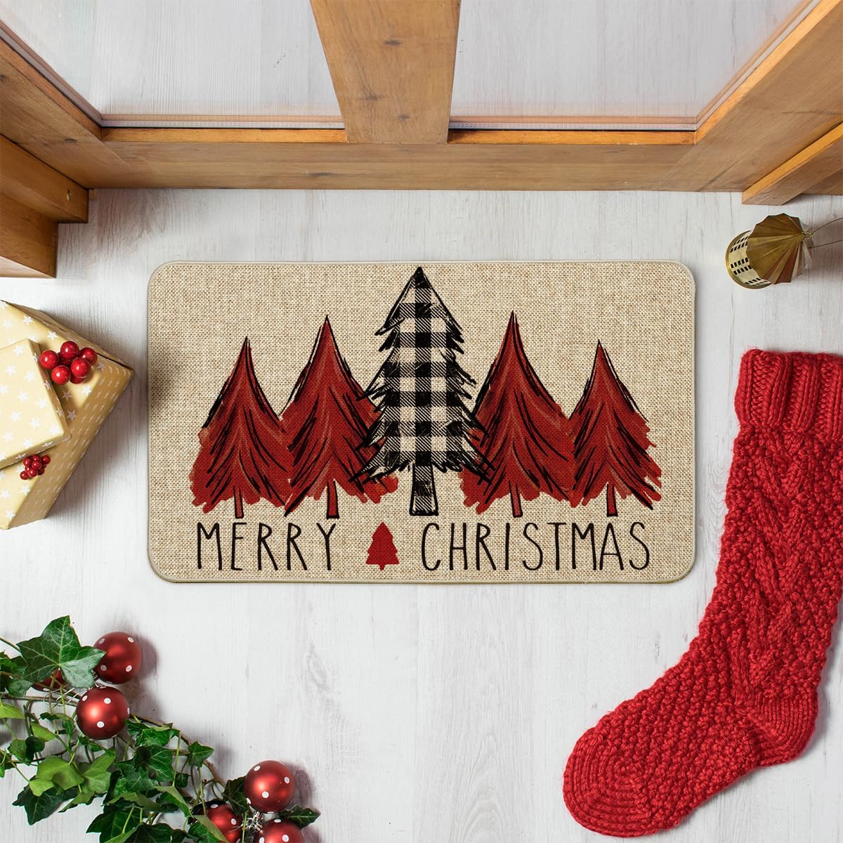 Artoid Mode Tapete rojo con diseño de árboles de Navidad, decoración del hogar de invierno de perfil bajo, tapete de puerta para interiores y
