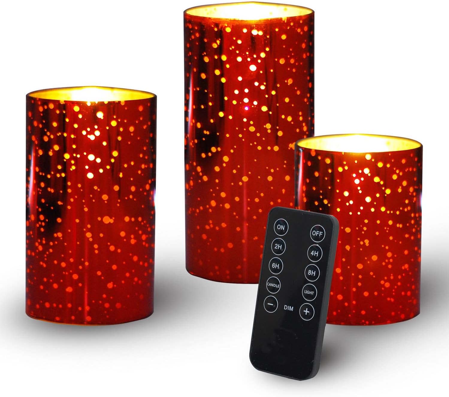 Velas sin llama de vidrio rojo con control remoto y temporizador, velas sin llama LED, velas de vidrio sin llama con pilas