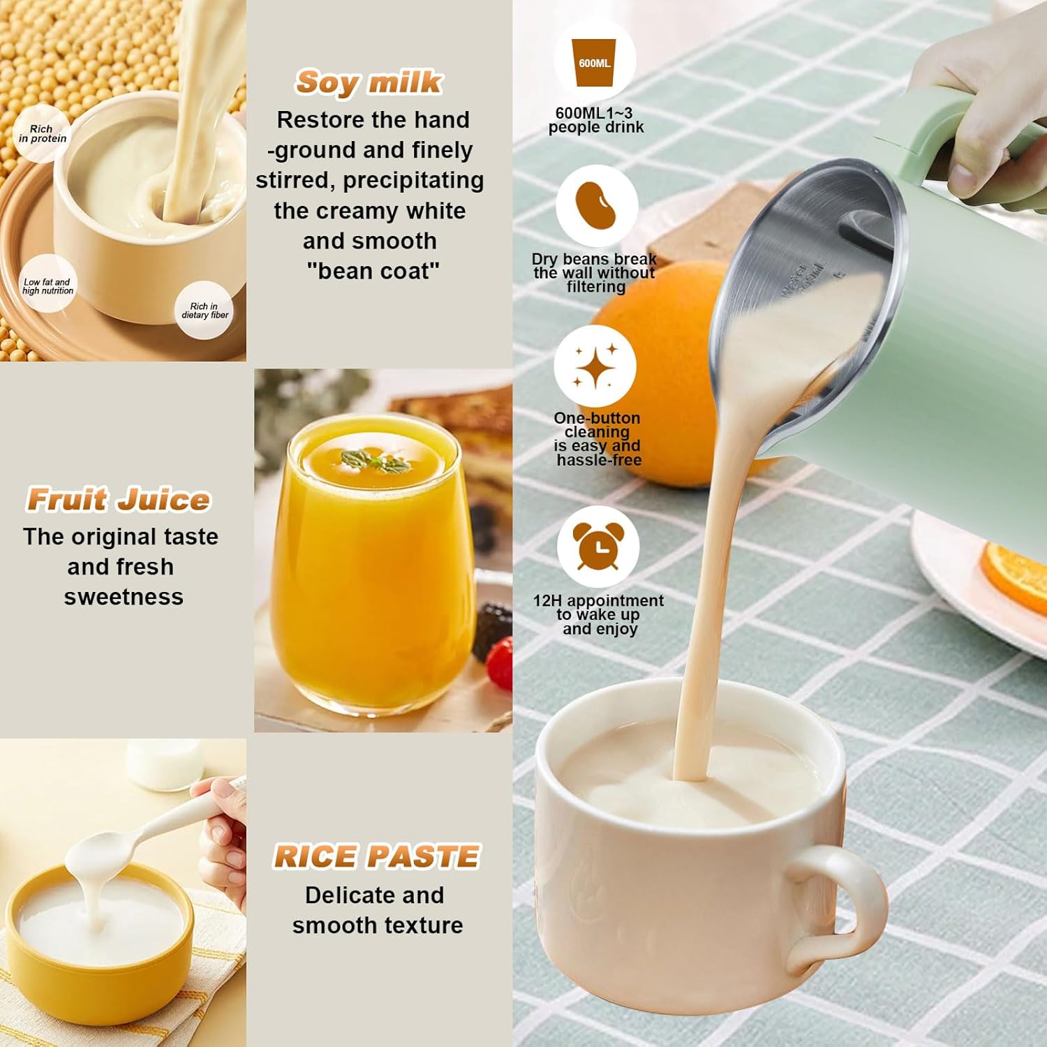 Máquina para hacer leche de nueces, máquina de limpieza automática de leche de soja de 20 onzas con 8 modos y 10 hojas de hojas, almendras caseras,
