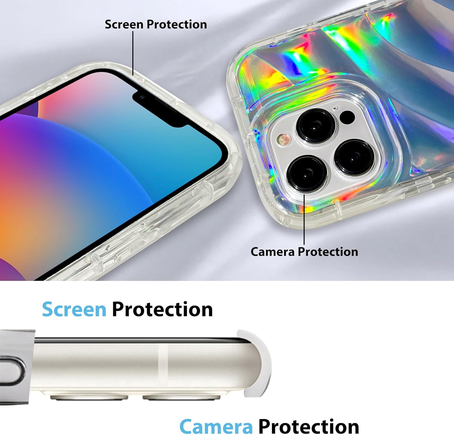 Bonoma Funda compatible con iPhone 15 Pro, funda brillante iridiscente con ondas de cristal fluorescente, protector de cámara + protector de