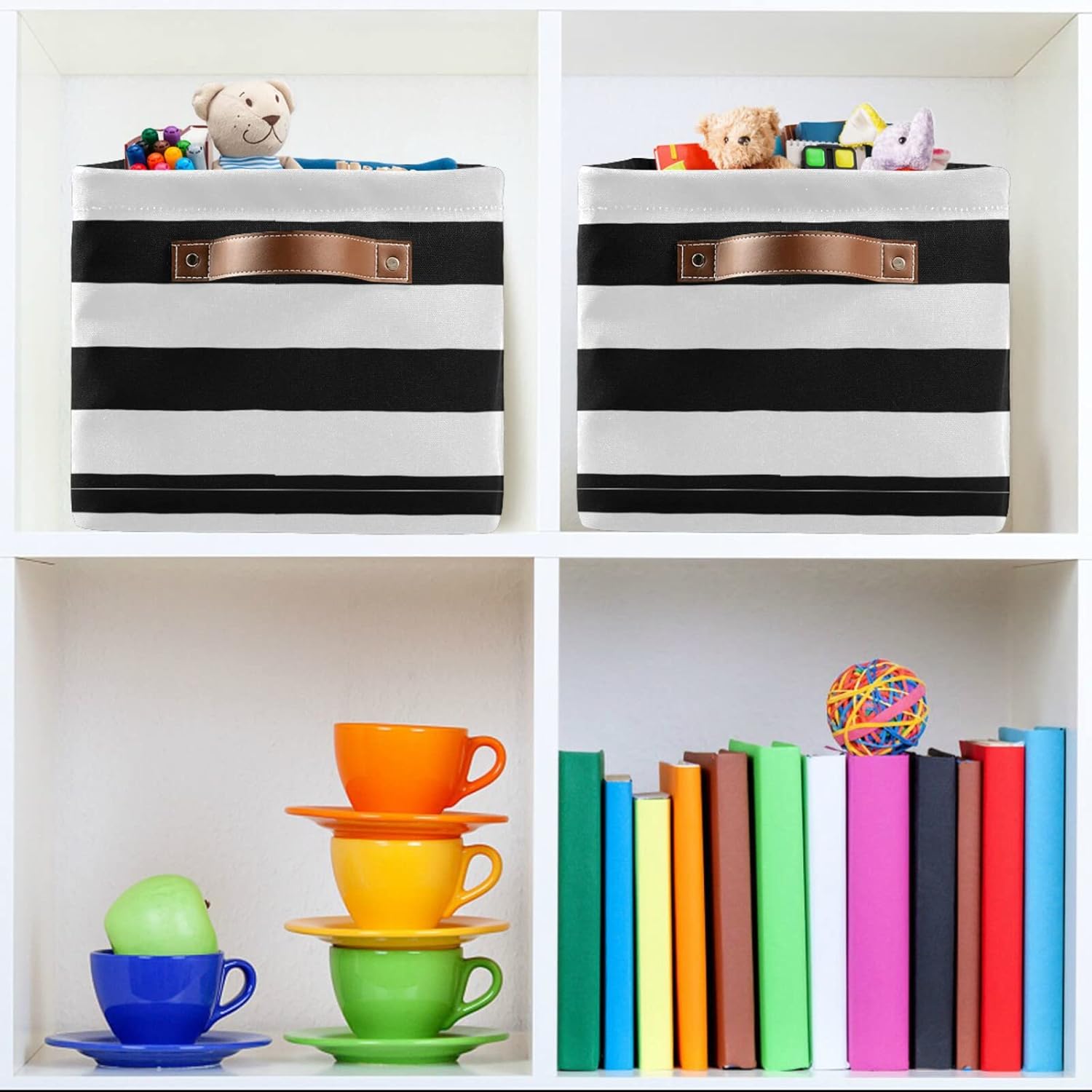 Cesta de almacenamiento plegable grande, color negro y blanco, a rayas, bolsa organizadora plegable con asas, 15 x 11 x 9.5 pulgadas