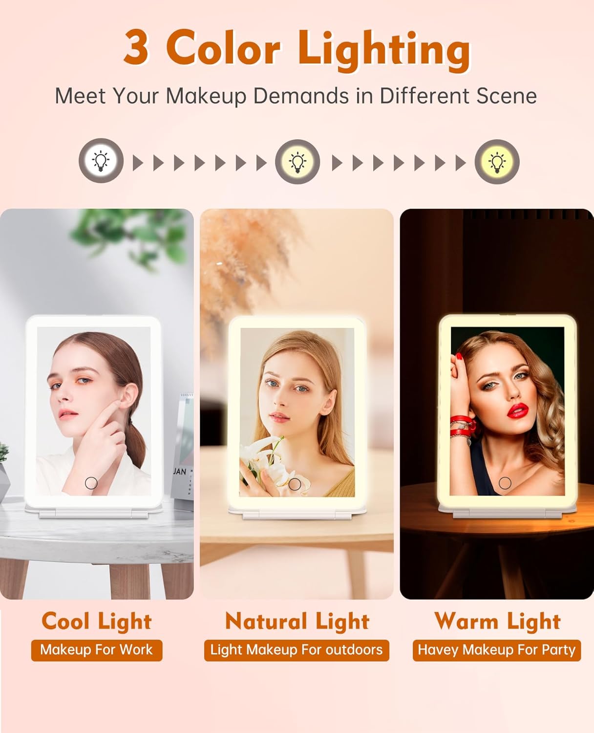 FUNTOUCH Espejo de maquillaje de viaje recargable con luces y espejo de aumento de 10X, espejo de tocador iluminado portátil con 80 LED, batería de