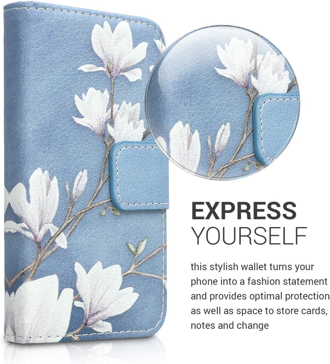 kwmobile Funda tipo cartera compatible con Apple iPhone 4 y 4S, magnolias gris topo, blanco, azul y gris