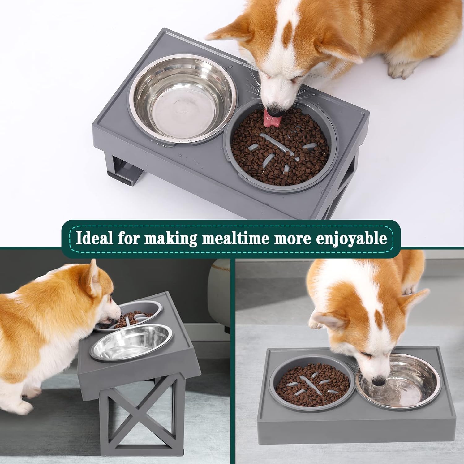 Cuencos elevados para perros, cuencos elevados ajustables para perros con 2 cuencos de acero inoxidable con comedero lento, cuencos de comida para