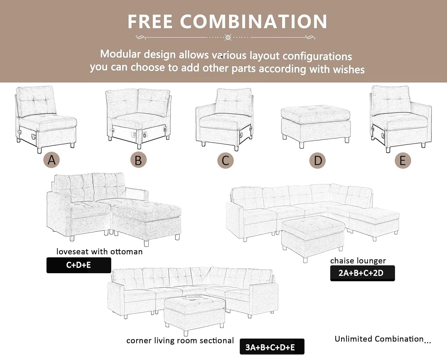 BEEY Módulo de silla de asiento sin brazos de tela de lino para sofá modular seccional acento silla sin brazos, gris oscuro