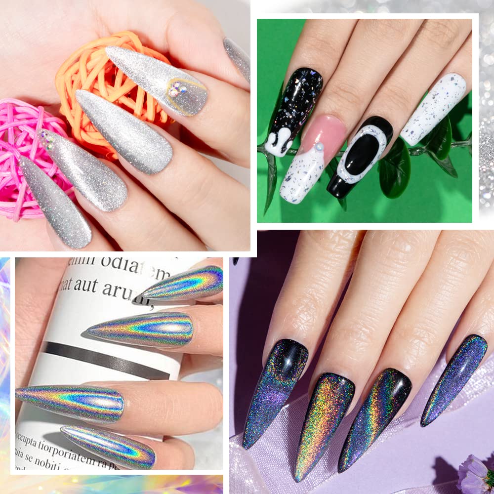 MIZHSE Juego de 8 esmaltes de uñas de gel con purpurina plateada, estilo múltiple todo en 1, brillo reflectante, arco iris, ojo de gato, esmalte de