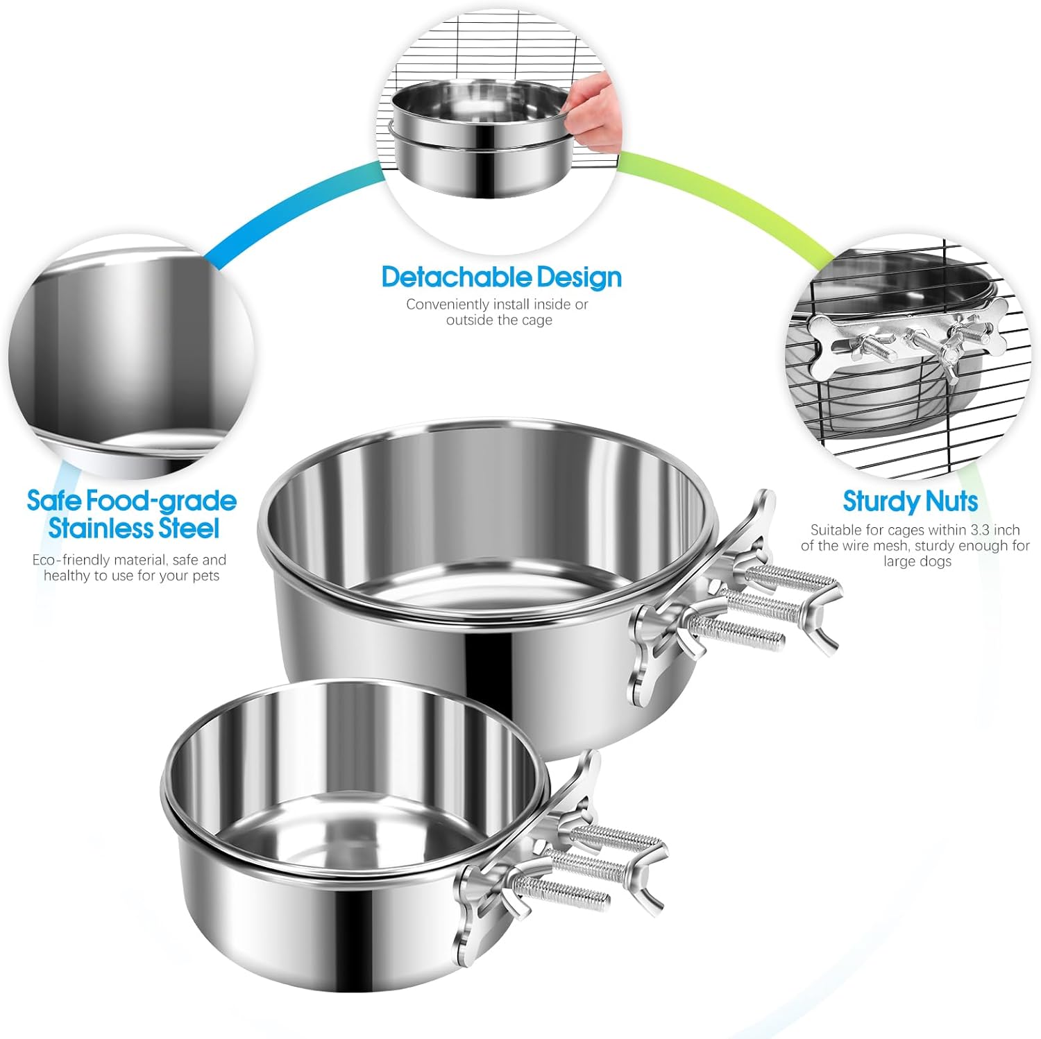 Yummy Sam 2 cuencos pequeños para comida y agua para perros con soporte de abrazadera mejorado, cuencos colgantes de acero inoxidable detectables