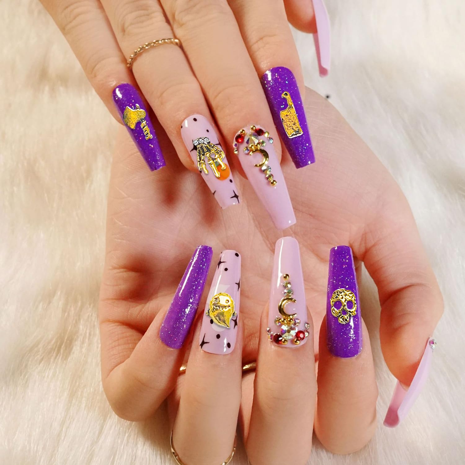 SILPECWEE 100 dijes de uñas de Halloween 3D con parte trasera plana, joyas de uñas retro de calabaza dorada y calavera para uñas, diseño de clavos