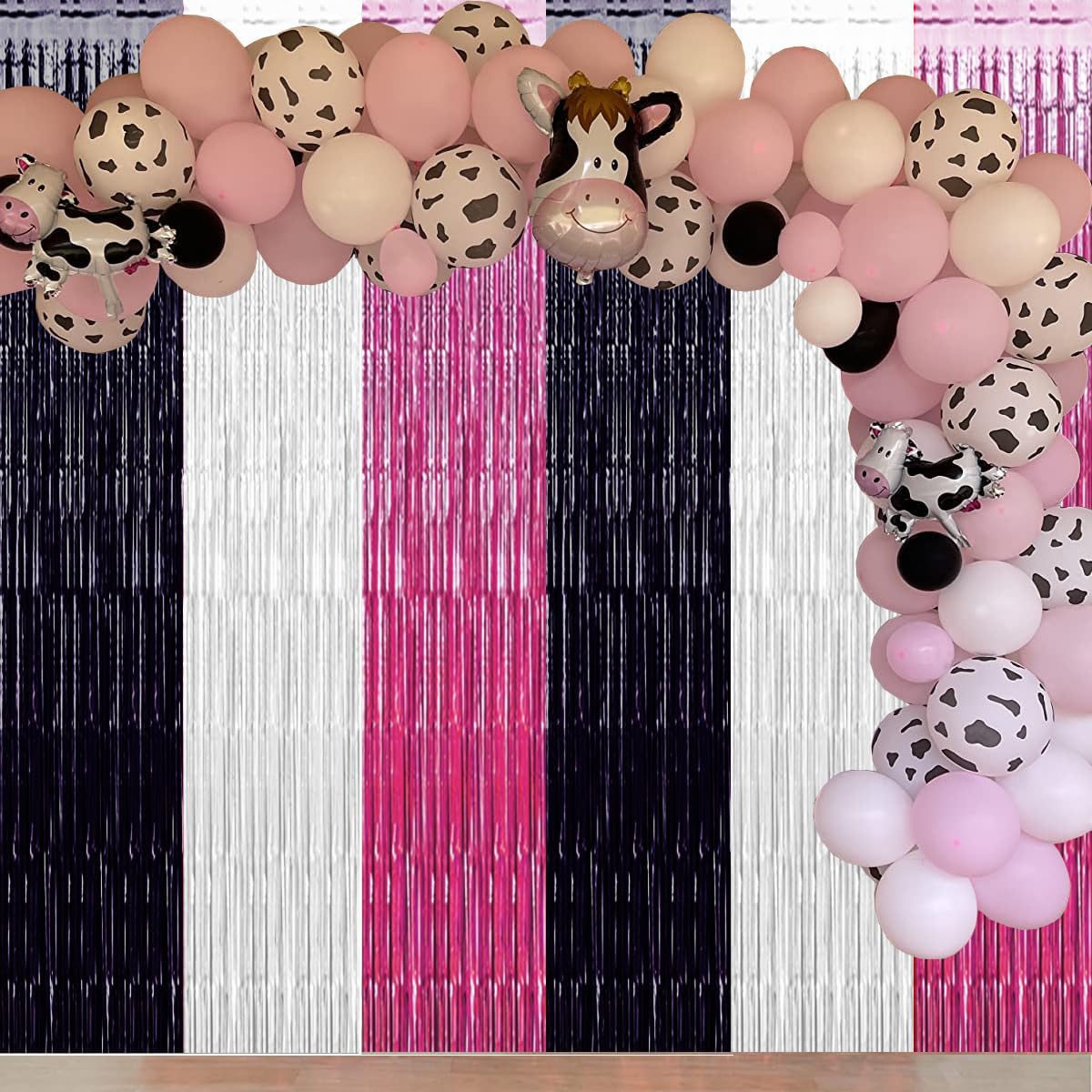 Decoraciones de fiesta de cumpleaños con estampado de vaca, telón de fondo rosa, negro y blanco, cortinas de oropel de papel de aluminio para fiesta