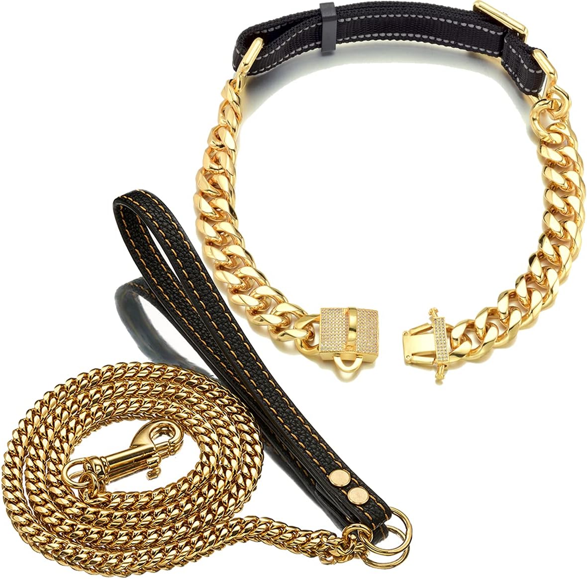 Juego de collar de perro y correa para perro de 0.748 in, oro de 18 quilates, acero inoxidable resistente, collar de entrenamiento de lujo,