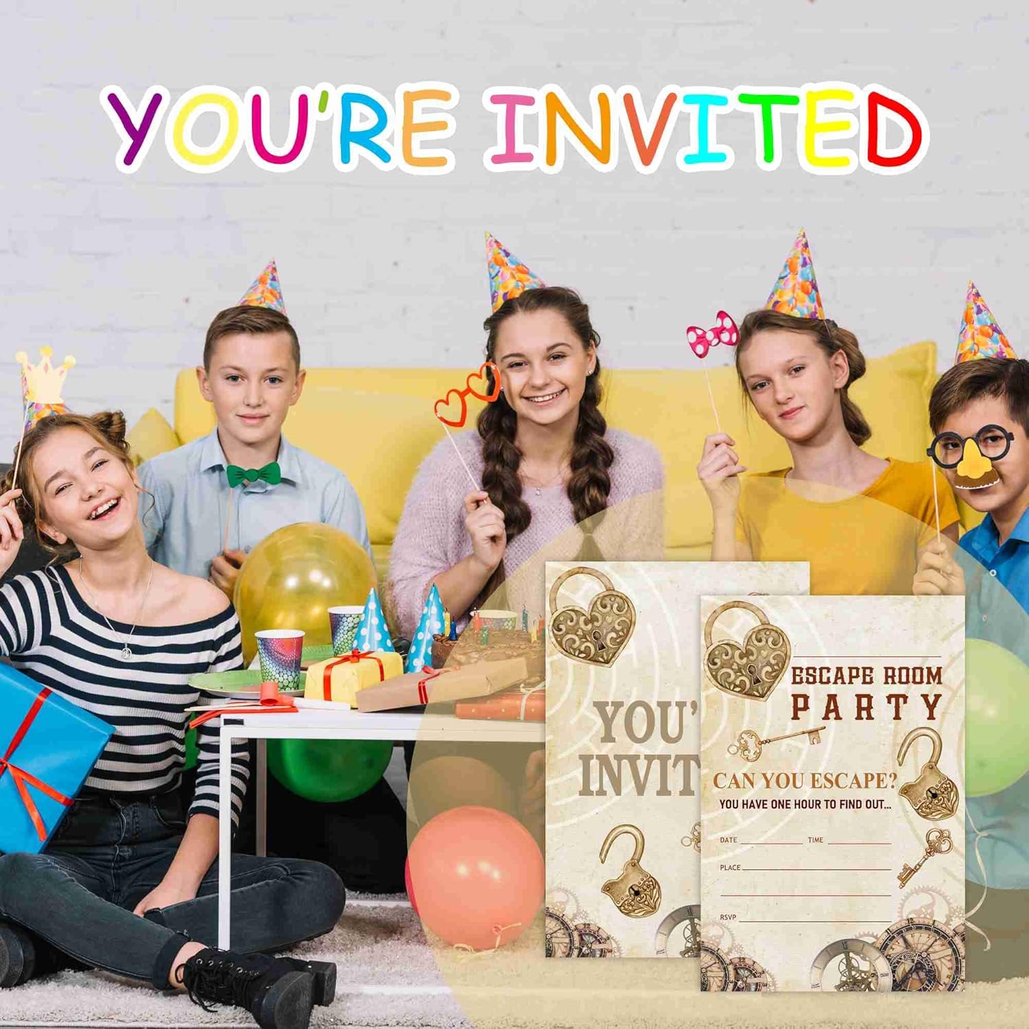 20 invitaciones misteriosas de cumpleaños con sobres, relleno de sala de escape, tarjetas de invitación de cumpleaños para niños y niñas,