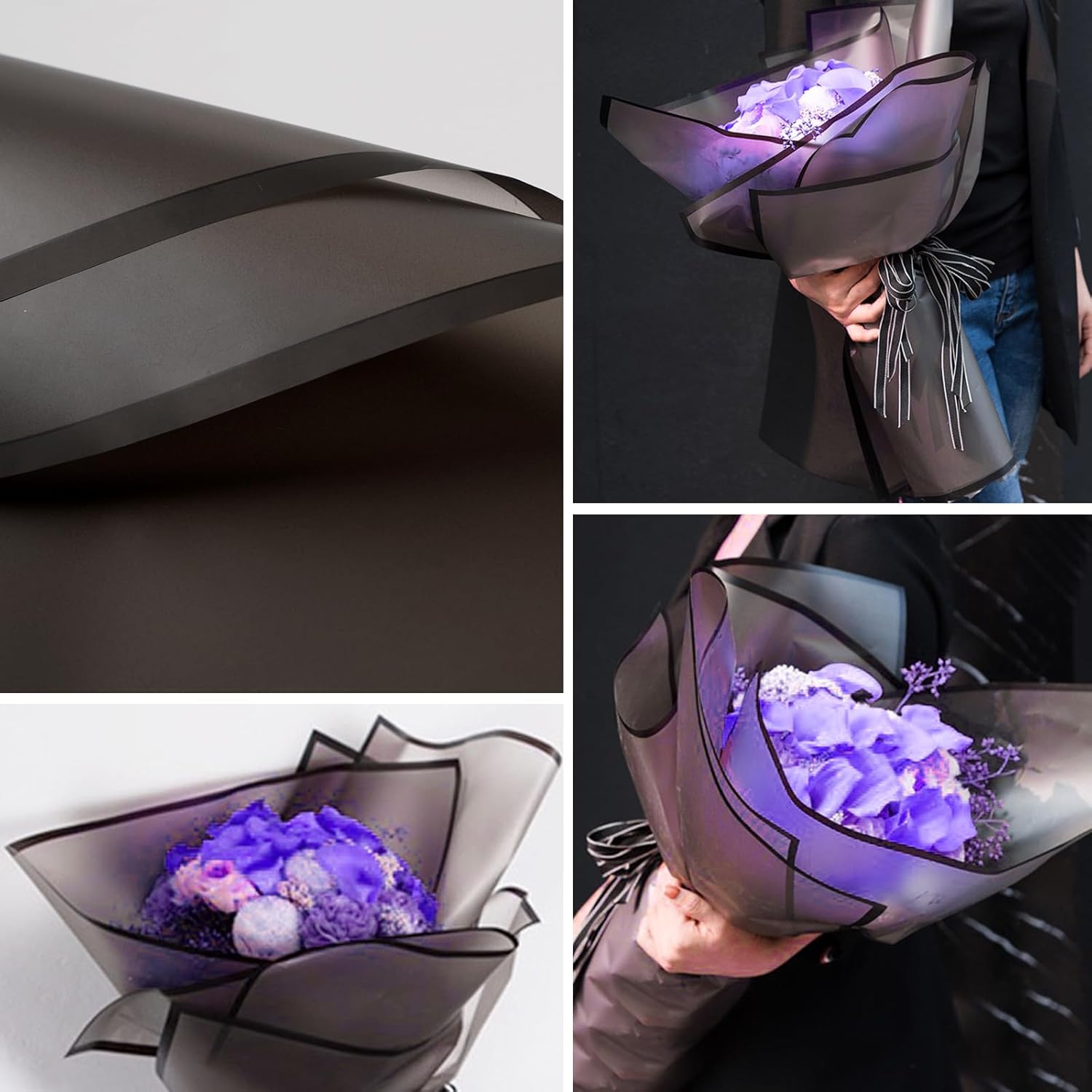 Kosotody 20 hojas de papel de regalo de flores esmeriladas, línea negra, impermeable, ramo de floristería con cinta para ramos de manualidades, ramo