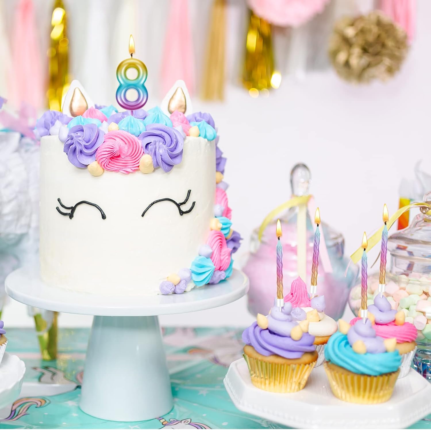 Treela Velas de cumpleaños de 2.7 pulgadas con número arcoíris con 12 piezas de números arcoíris en espiral, vela de primer año para bebé, niña,