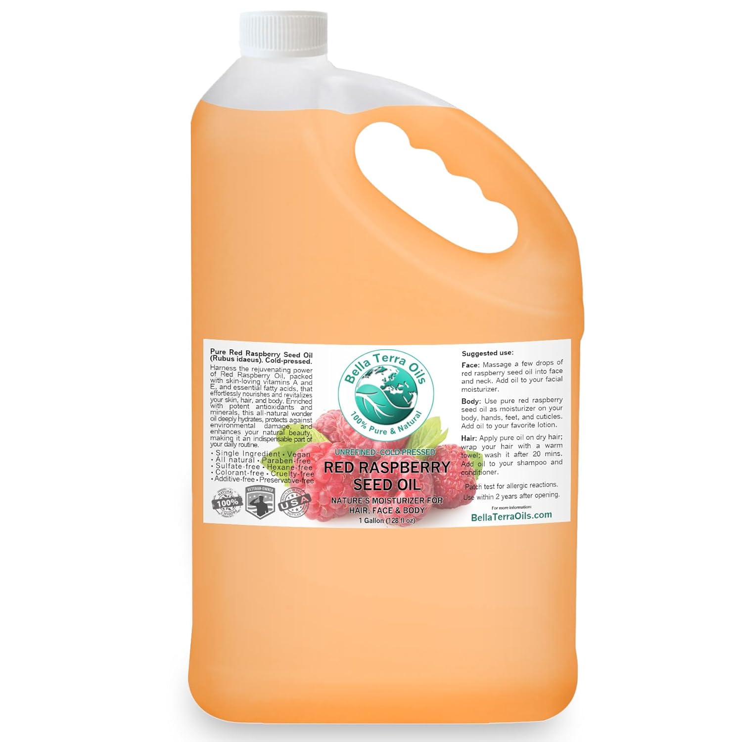 Bella Terra Oils Aceite de semilla de frambuesa roja 1 galón, propiedades UV naturales, piel radiante, alto en antioxidantes