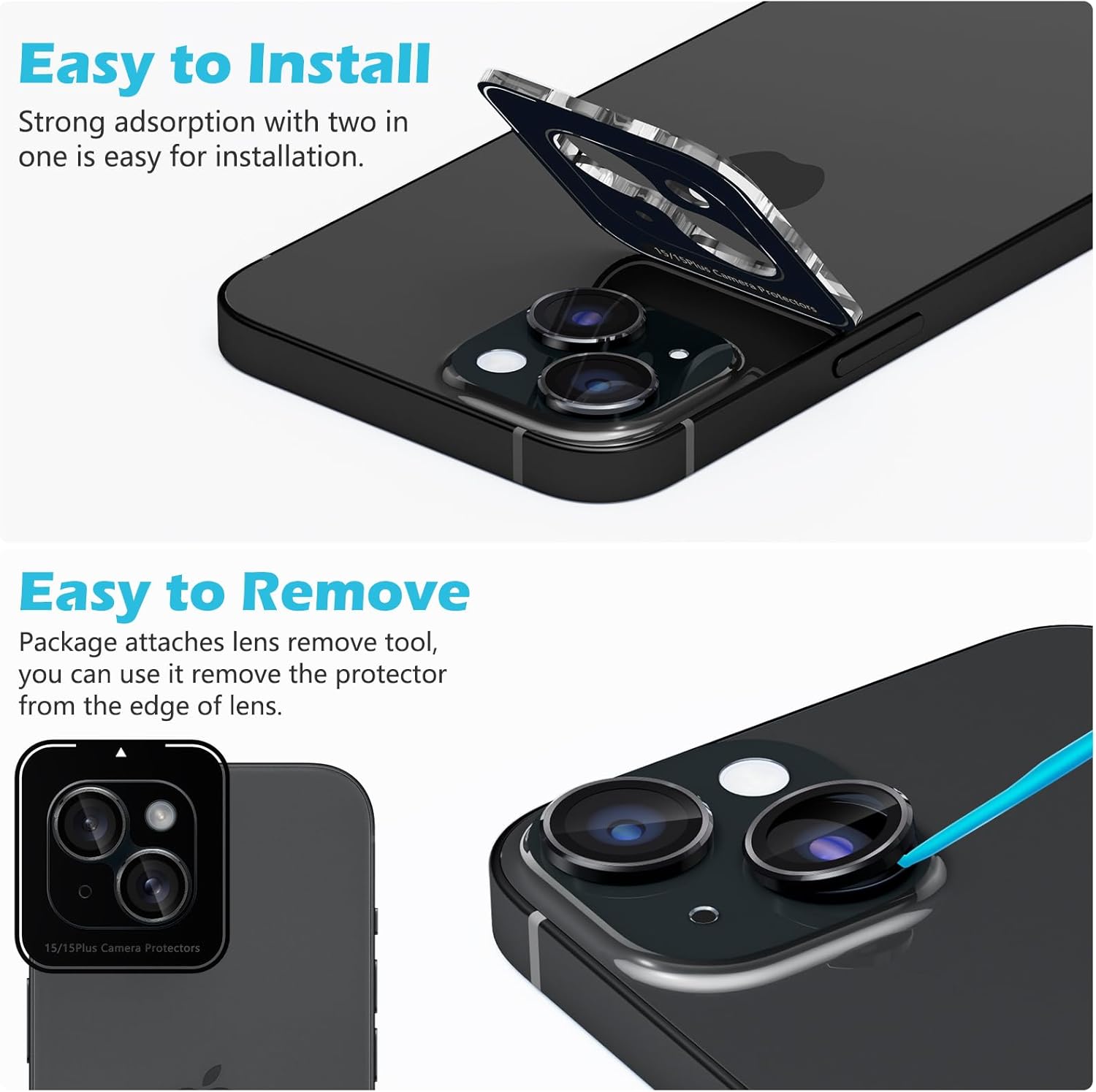 Paquete de 2 protectores de lente de cámara para iPhone 15iPhone 15 Plus, fuerte absorción Vidrio templado 9H y cubierta de lente de anillo