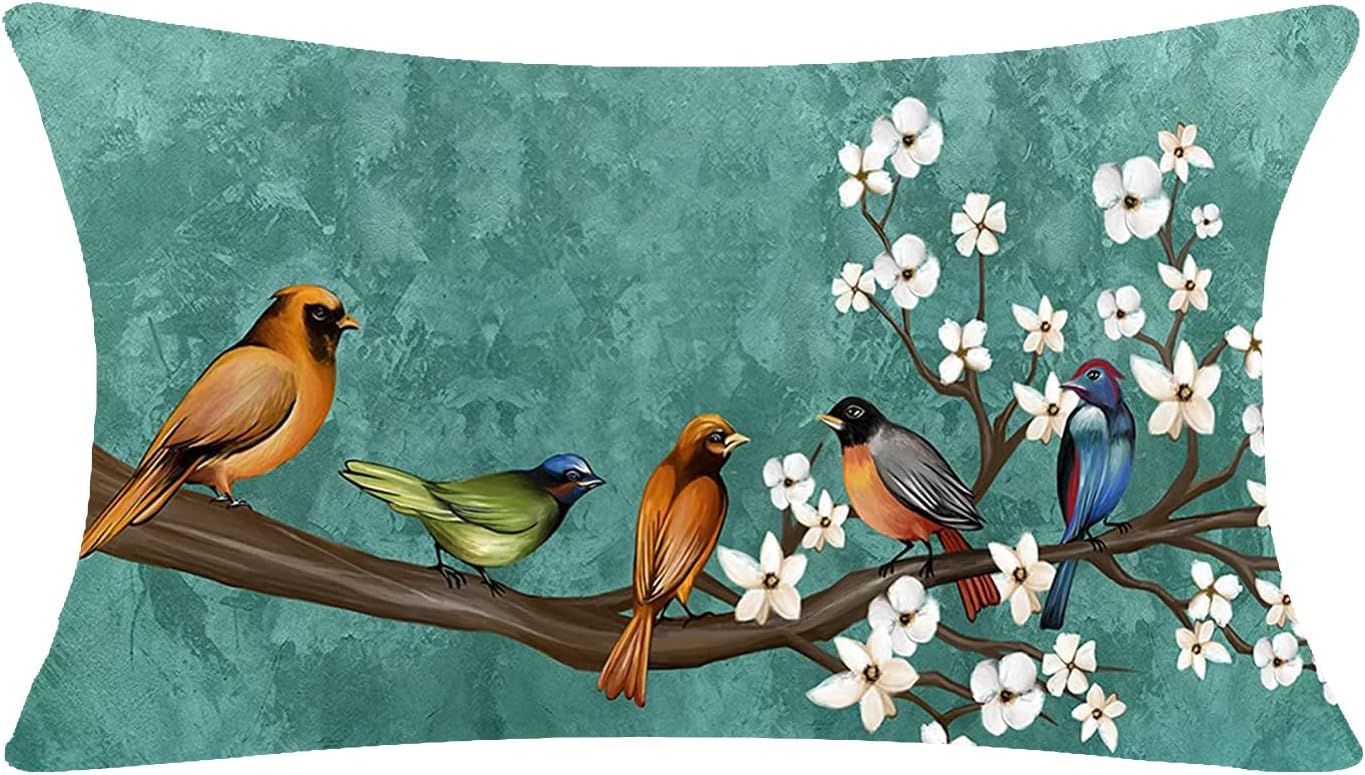 Funda de almohada decorativa de lino y algodón, diseño de acuarela, naranja, verde, pájaros, primavera, verano, otoño, algodón, lino, funda de