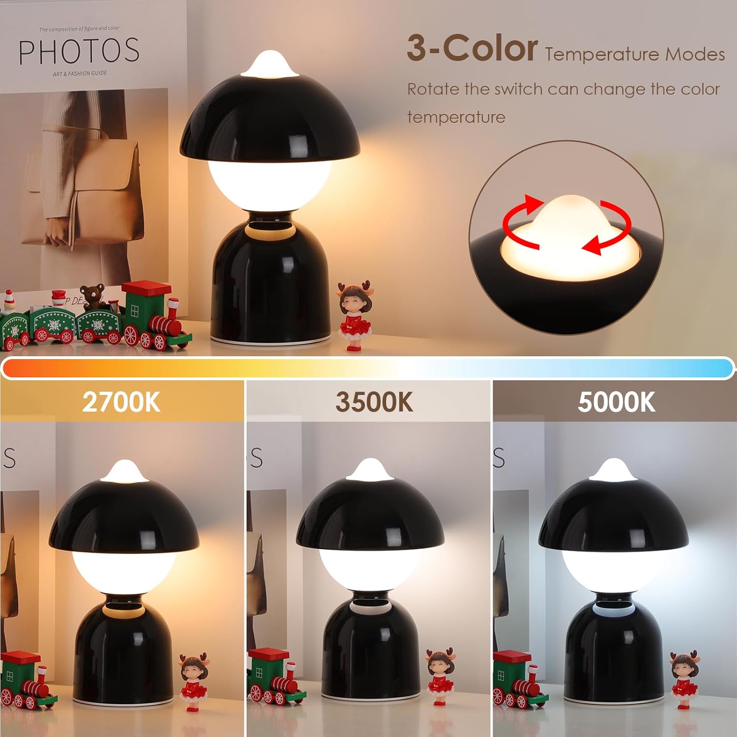 Lámpara de mesa inalámbrica, pequeño robot, luz nocturna recargable, 3 modos de color, funciona con pilas, lámpara regulable para niños con función