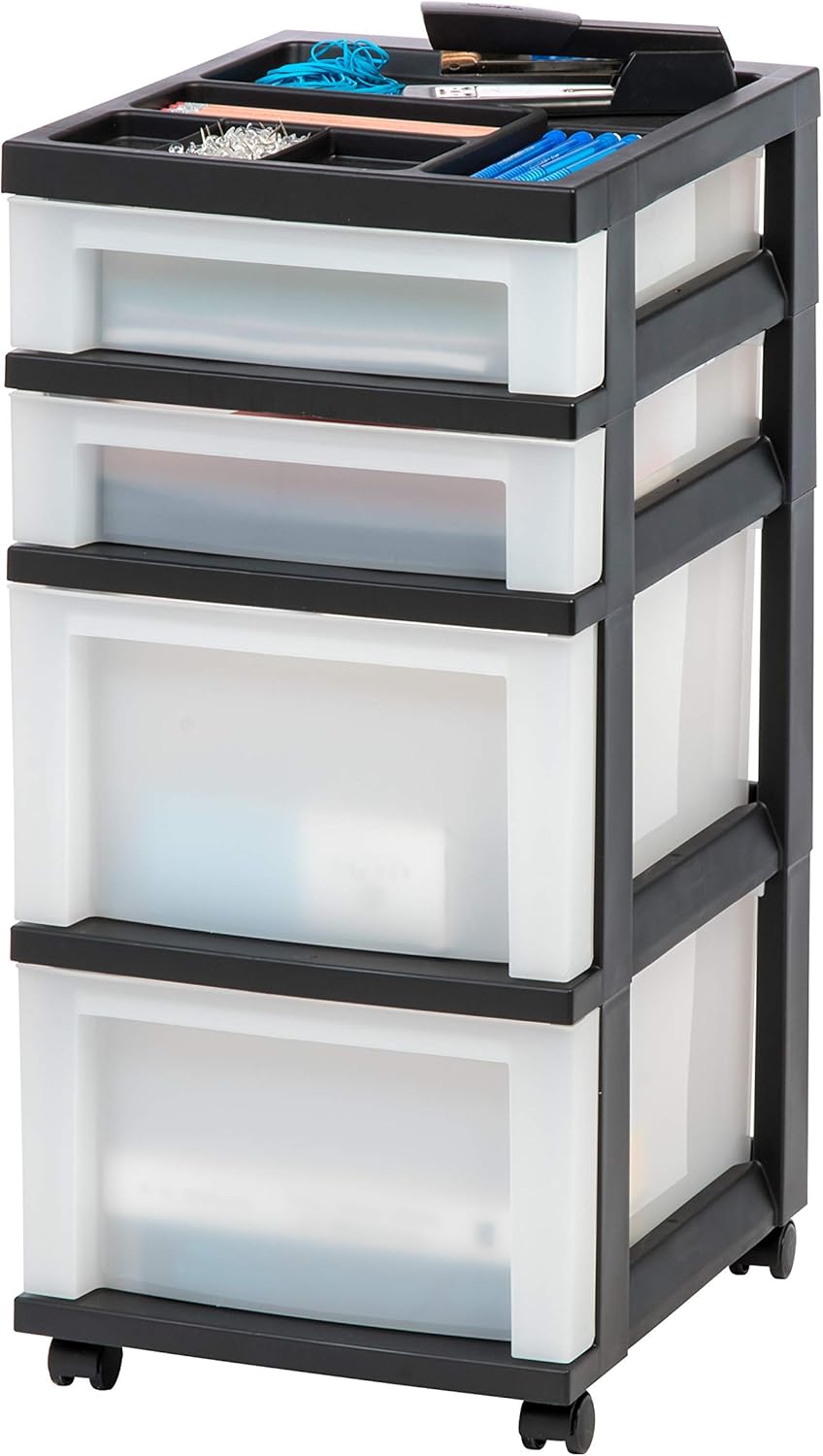 IRIS Carrito de almacenamiento de 4 cajones con parte superior organizadora, sistema de cajones de escritorio mediano negro y IRIS USA, 1 paquete,