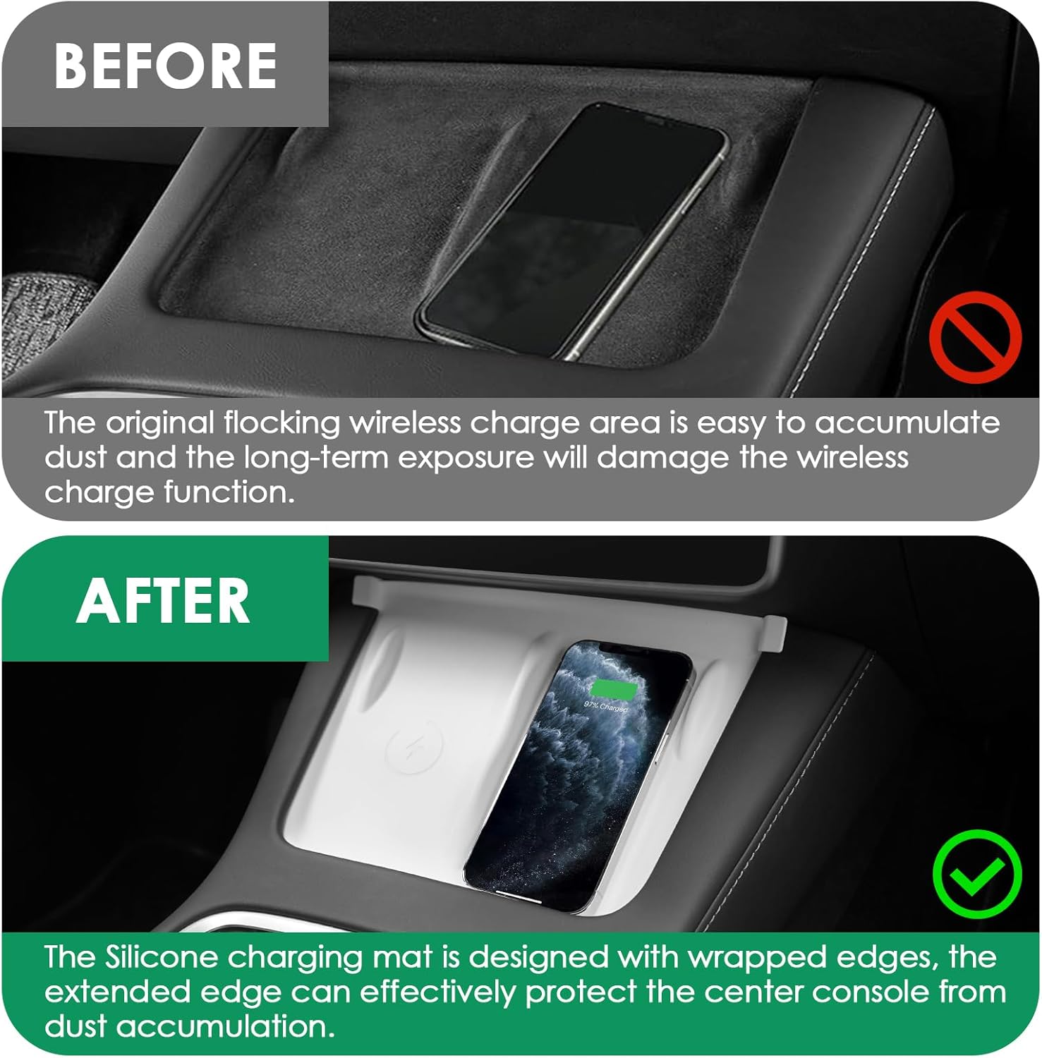 ONKENTET Alfombrilla de silicona de carga inalámbrica para consola central, compatible con Tesla Model 3, modelo Y 2023, 2022, 2021, accesorios