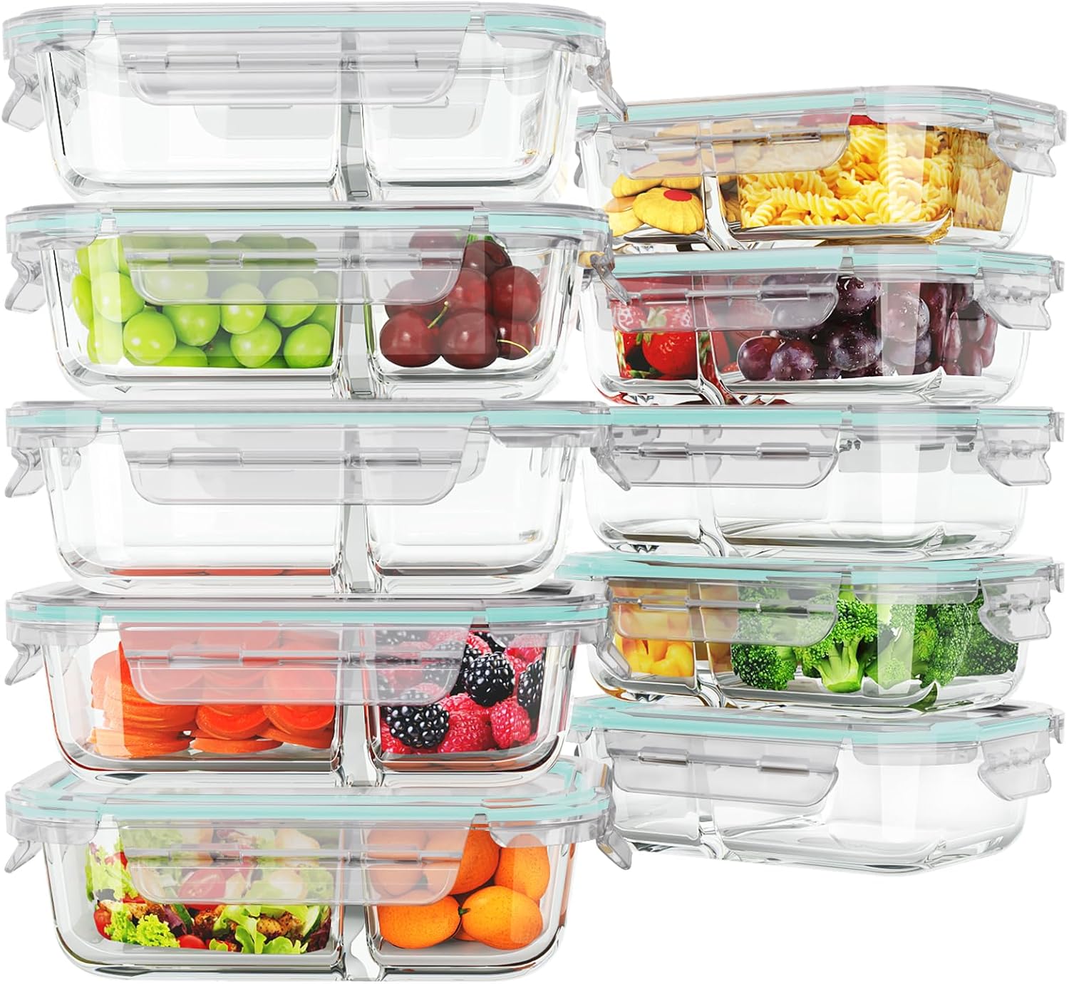Paquete de 10 recipientes de vidrio para preparación de comidas, 2 compartimentos, recipientes de vidrio para almacenamiento de alimentos con tapas,