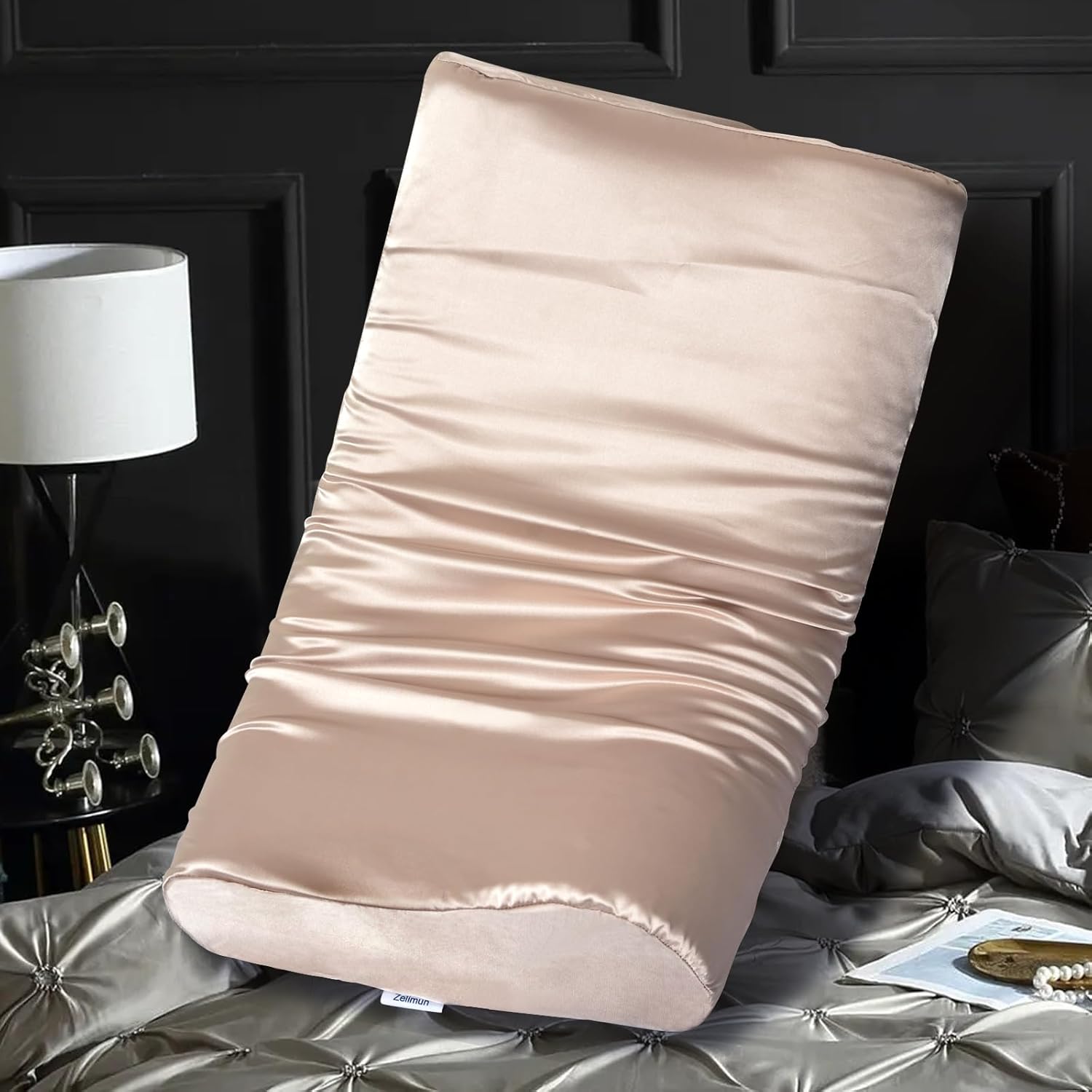 Satin Pillowcase for Contour Memory Foam Pillows, 24″ x 14″ x 5.1″3.5″ Cervical Pillow Case, Soft Pillow Cover for Sleeping Pillows (Champagne)