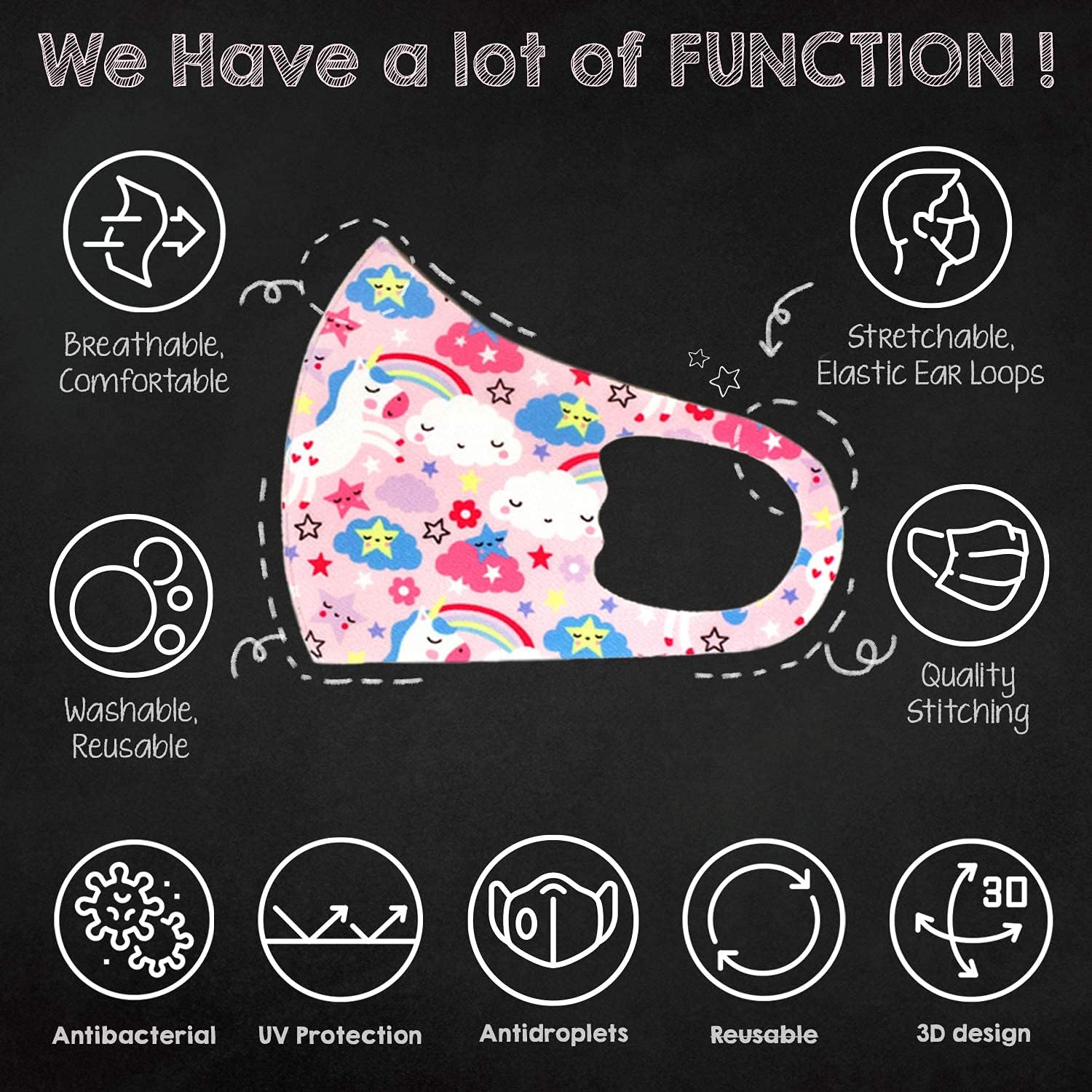 Paquete de 5 variedades máscara de cara unisex de lindo animal, transpirable, lavable, reutilizable, para niños y niñas, talla única , Paquete de 5