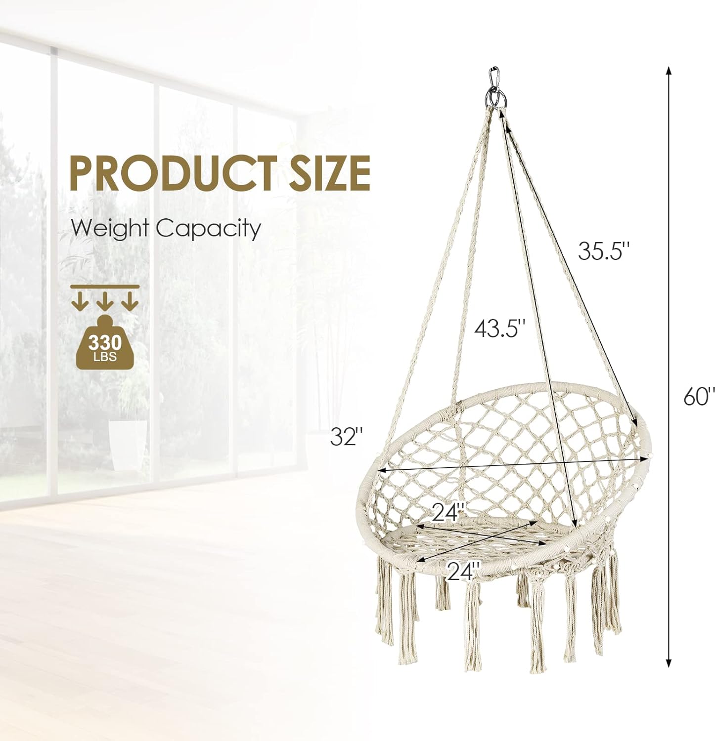 Tangkula Silla hamaca con luces, columpio de macramé con borlas, cuerda de algodón tejida a mano, estilo bohemio para interiores y exteriores, silla
