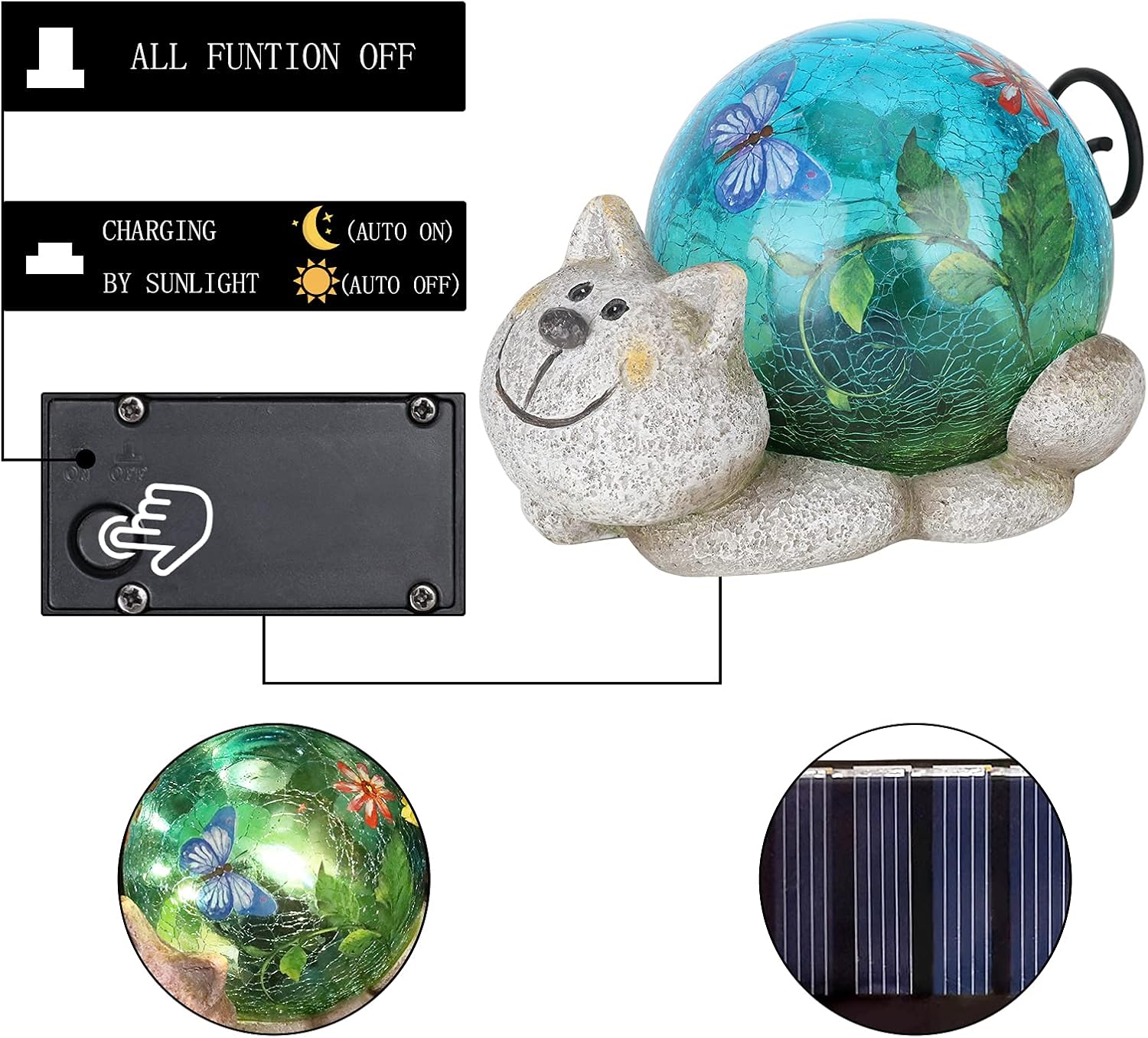 Afirst Estatuas solares de jardín para exteriores, adorno de césped de gato con luces solares de vidrio agrietado, decoración al aire libre para