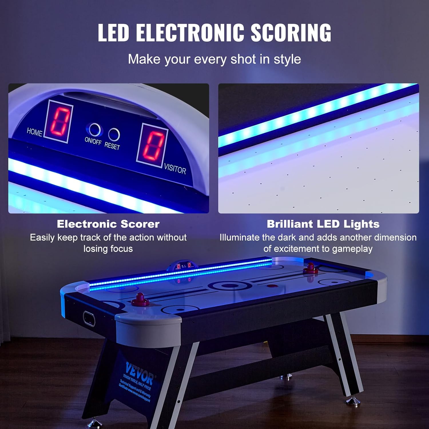 VEVOR Mesa de hockey de aire, mesa de hockey interior de 72 pulgadas para niños y adultos, juego de hockey deportivo LED con 2 discos, 2 empujadores