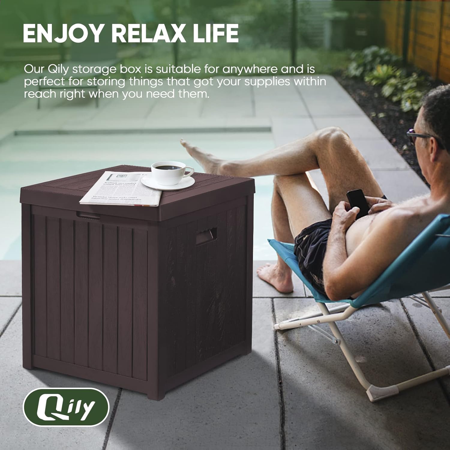 Qily Caja de almacenamiento para exteriores, resina impermeable, almacenamiento de cojines exteriores, caja de cubierta pequeña, duradera, caja de
