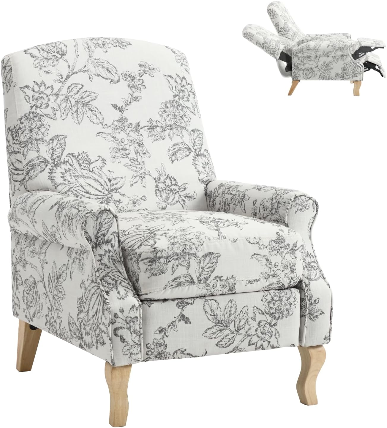 Silla reclinable con estampado floral para sala de estar, sofá individual tapizado con respaldo ajustable y reposapiés, moderna silla de descanso