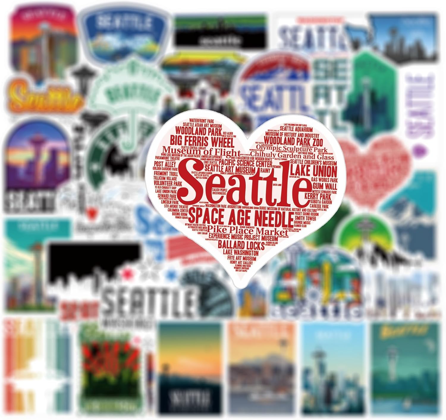 53 calcomanías de Seattle de vinilo impermeables para laptop, parachoques, patineta, botella de agua, computadora, teléfono, calcomanías de dibujos