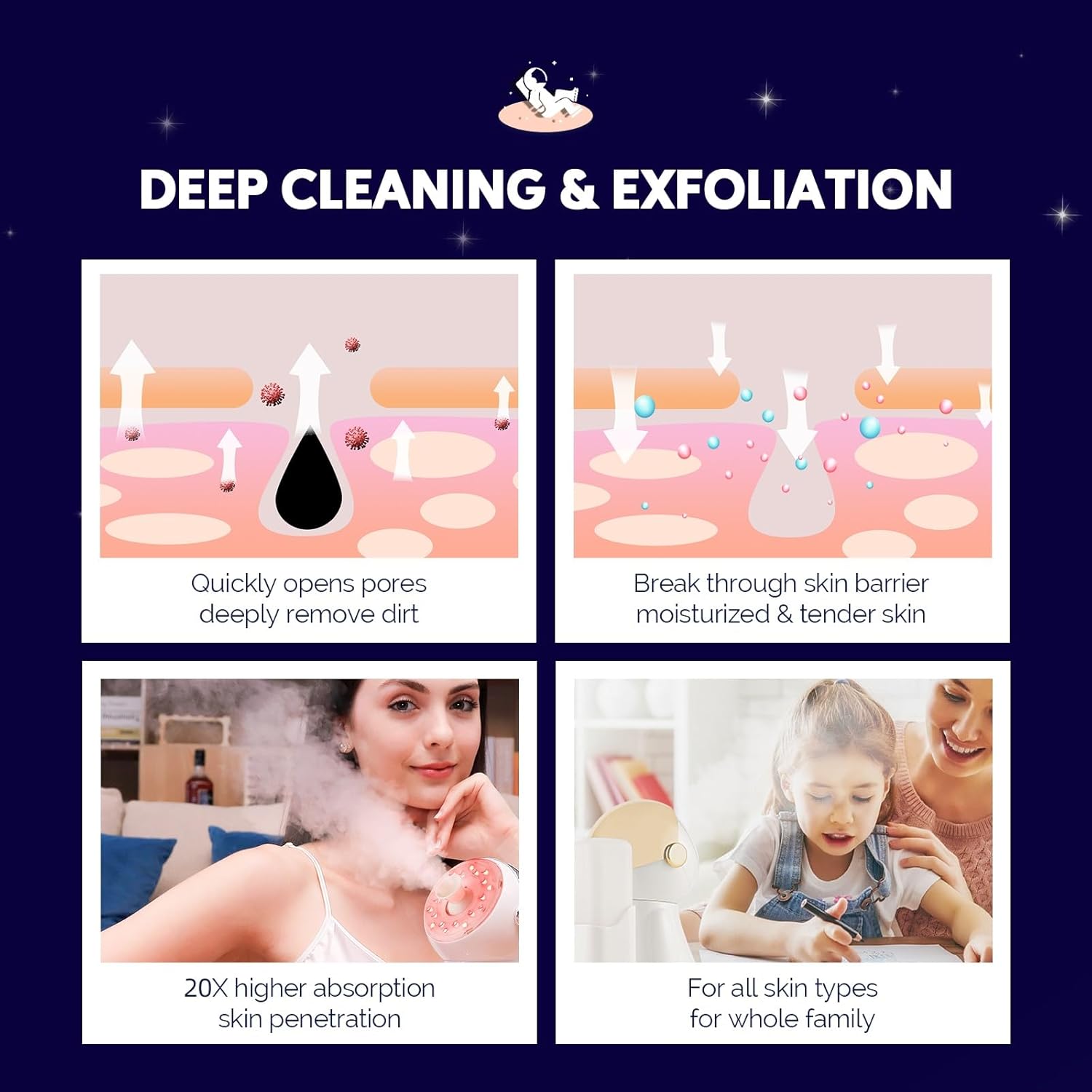 Nano Ionic 3 en 1 vapor facial de niebla caliente 12.8 fl oz, humidificador de limpieza facial profunda con luz LED para cara, rociador de sauna en