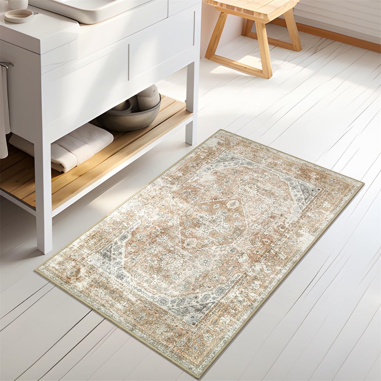 MUJOO Alfombra pequeña de estilo bohemio, lavable, color beige, para dormitorio, entrada, antideslizante, para baño, guardería, puerta, ducha,