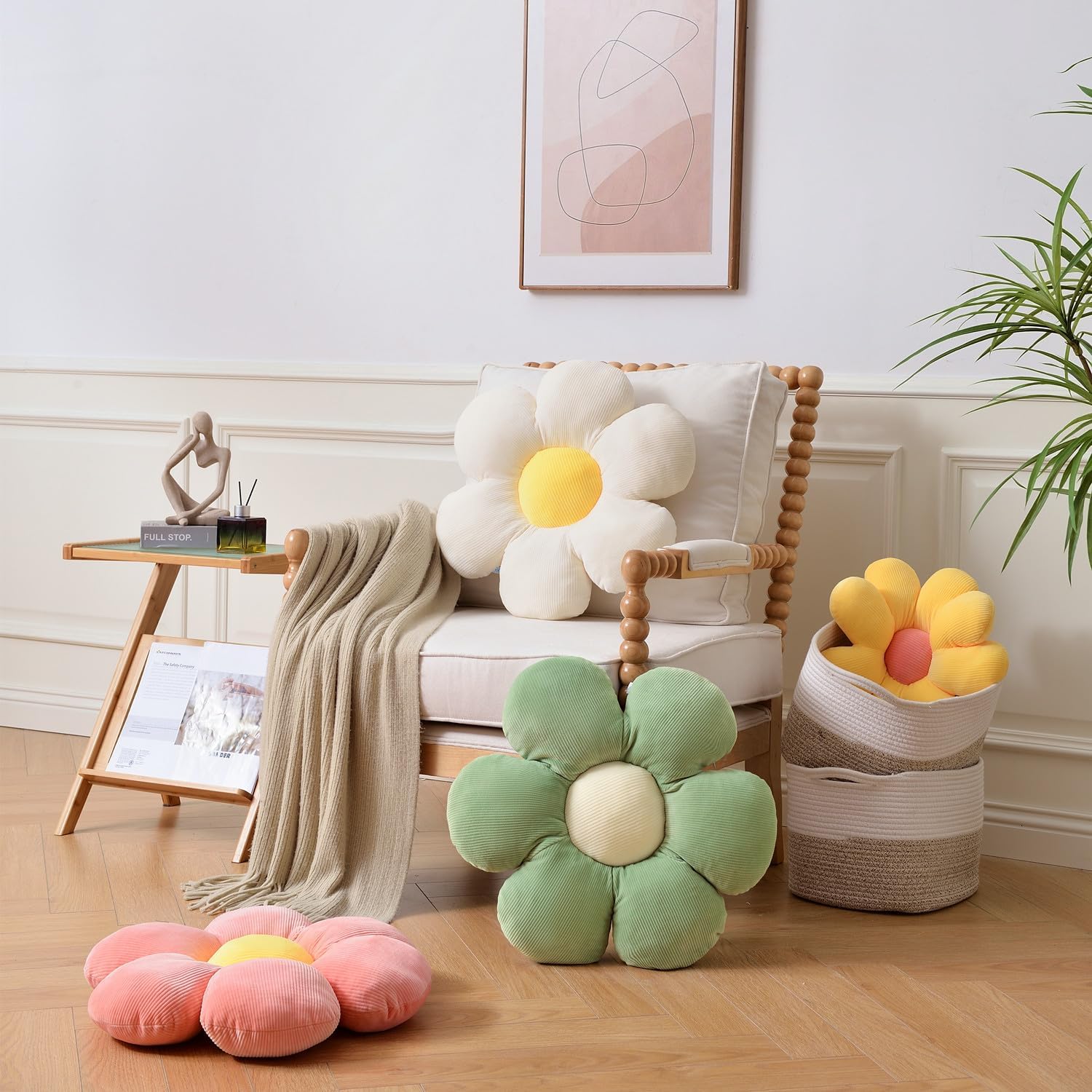Almohada de flores, cojín en forma de flor para asiento de seis pétalos de 15.75 pulgadas, almohada de felpa de flores verdes, almohadas de piso,