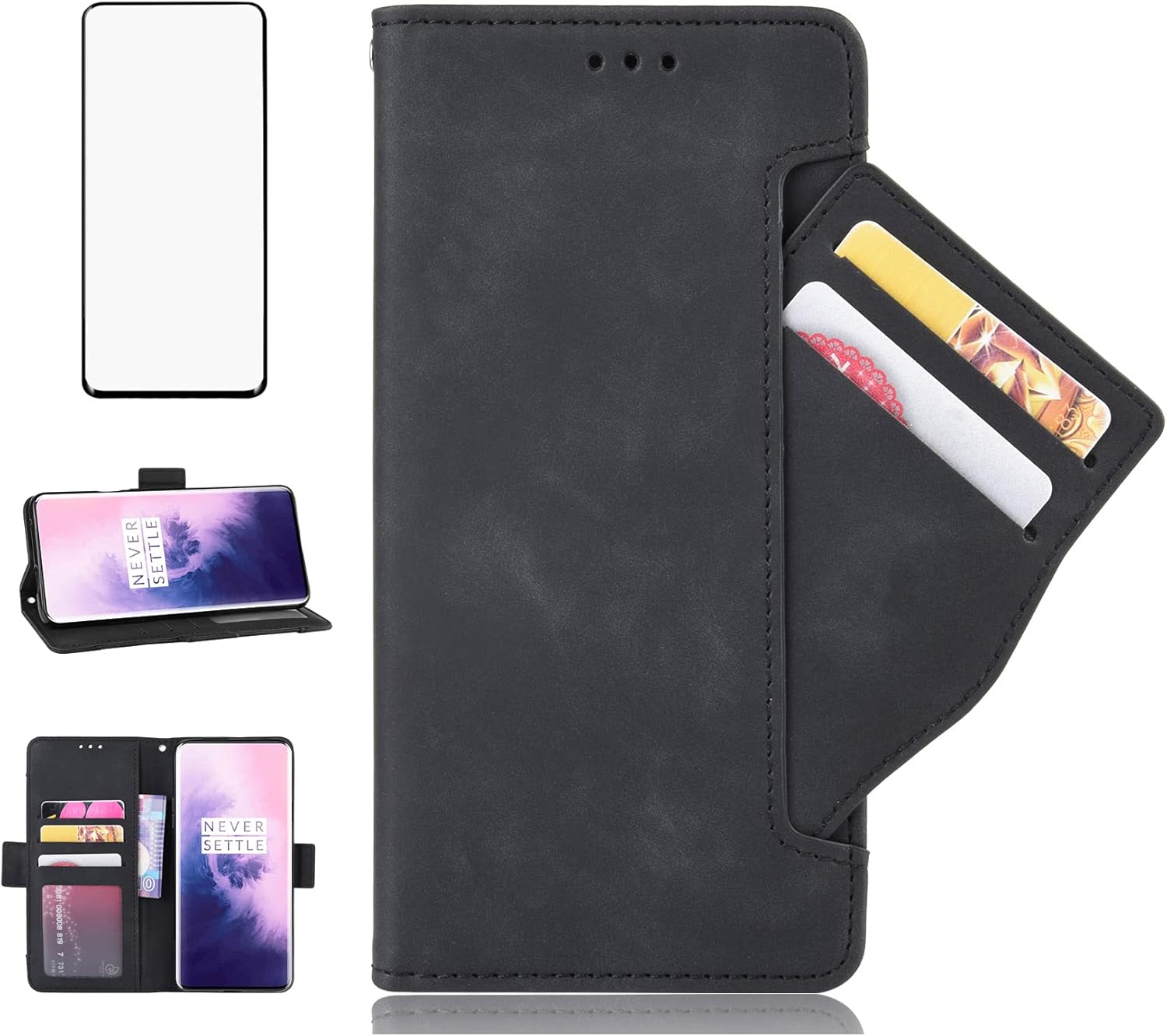 Asuwish Funda tipo cartera compatible con OnePlus 7 Pro y protector de pantalla de vidrio templado, con ranura para tarjetero, función atril, con