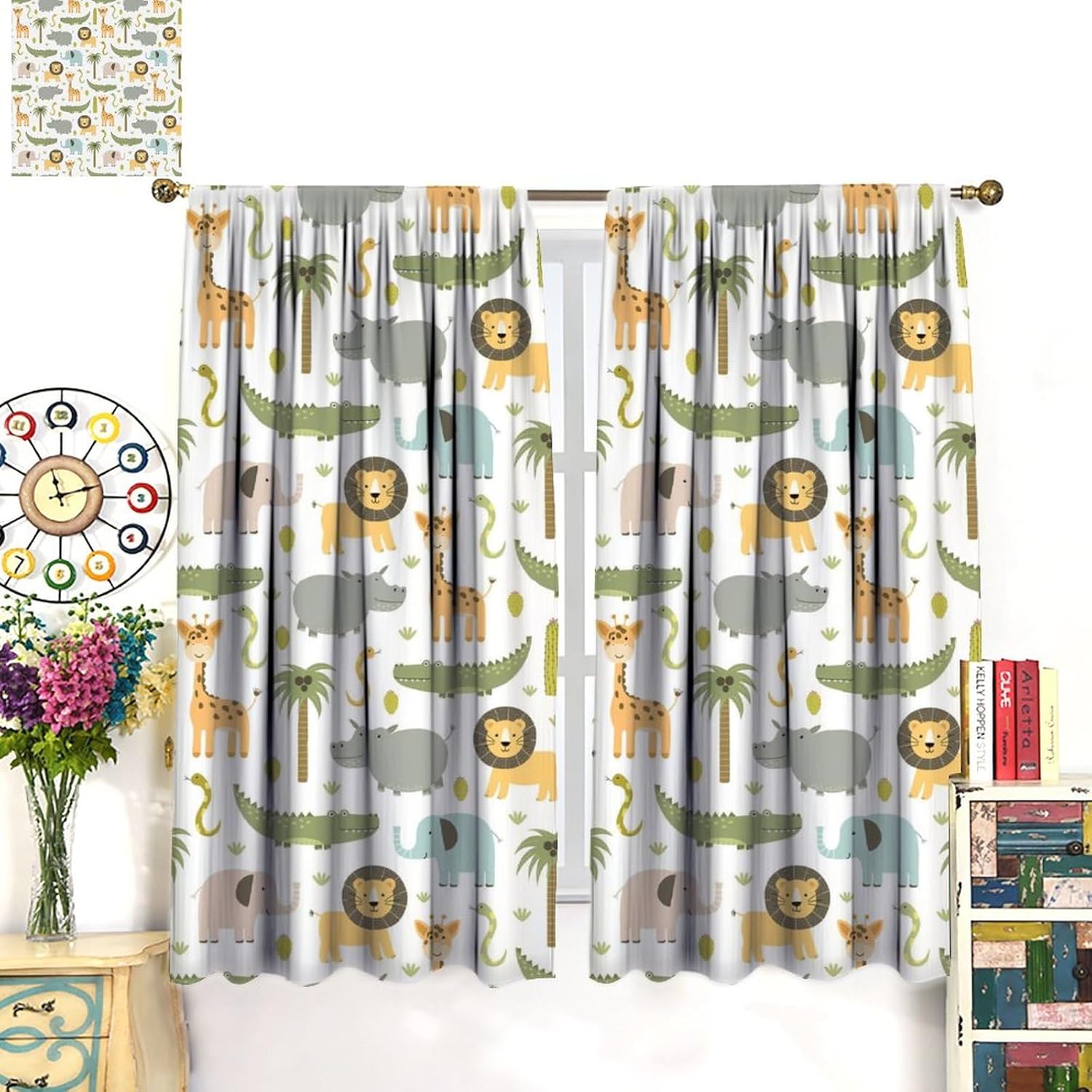 Cortinas de animales de safari para guardería, tratamiento de ventana para dormitorio de niños, bebé, niños, bosque, selva, bosque, león, elefante,