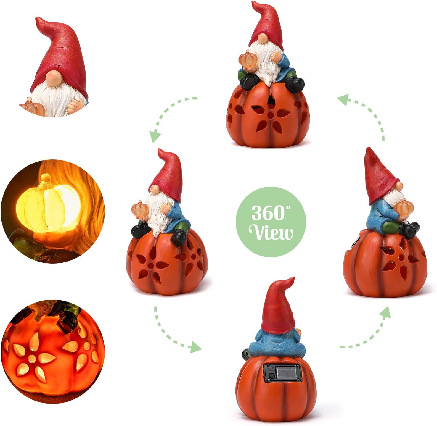 Estatuas solares de gnomo, decoración de primavera, gnomos de calabaza con luces LED, regalos de jardinería para mujeres, mamá, escultura artística