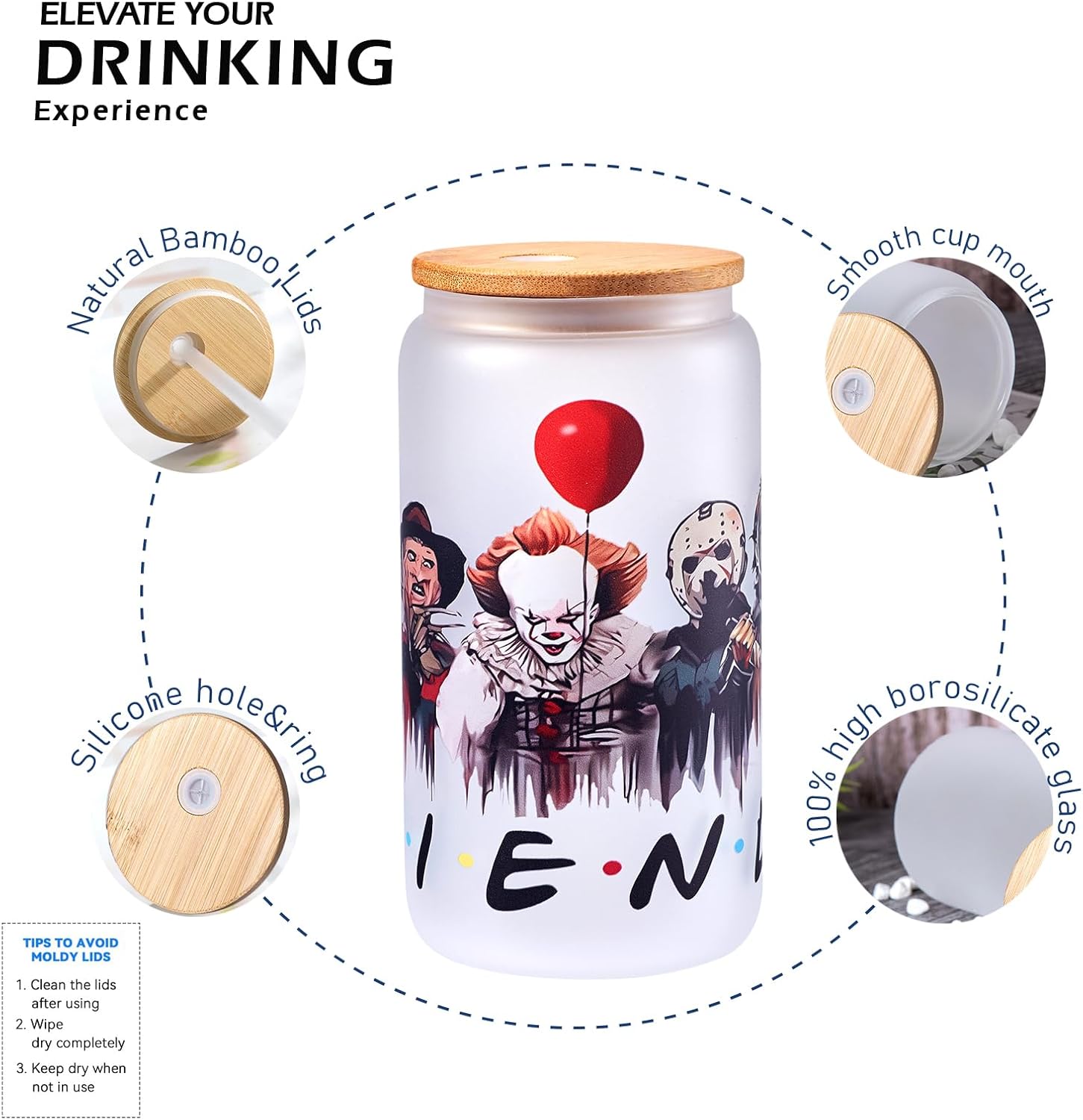 Vasos de cristal de terror con tapas y pajitas de bambú, vaso de Halloween con cara fantasma, regalos de película para mujeres, taza de café helado