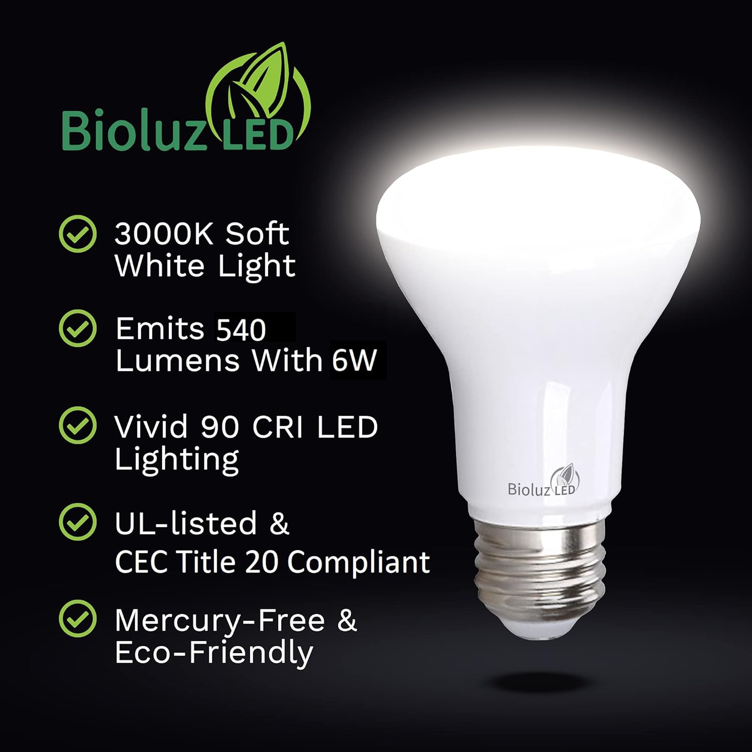 Bioluz LED Paquete de 20 bombillas LED BR20 de 3000 K, color blanco suave, 6 W  50 W, repuesto de 90 CRI 540 lúmenes, para interiores y exteriores,