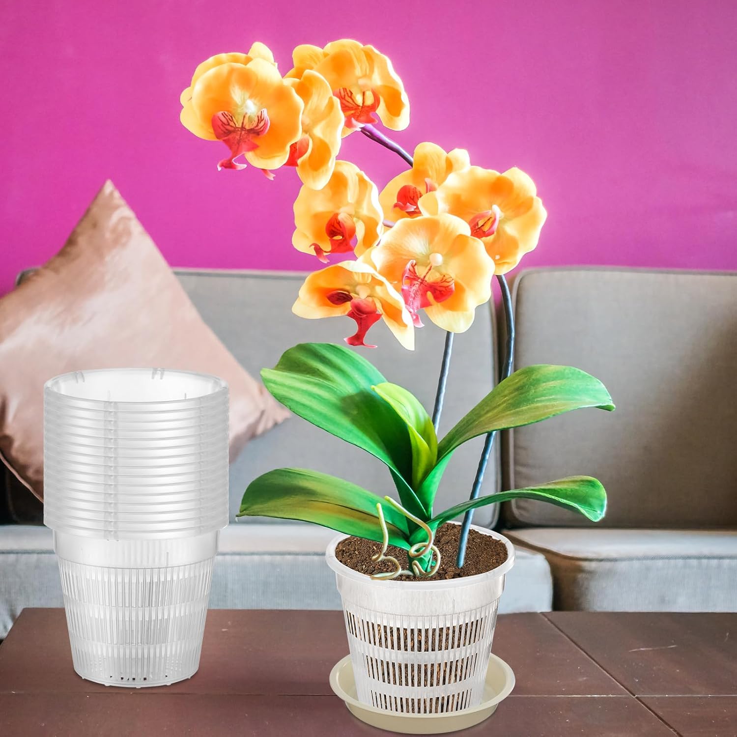 Zhehao 30 macetas de orquídeas con agujeros y platillos, macetas de plástico transparente para trasplantar, maceta de plástico transpirable para