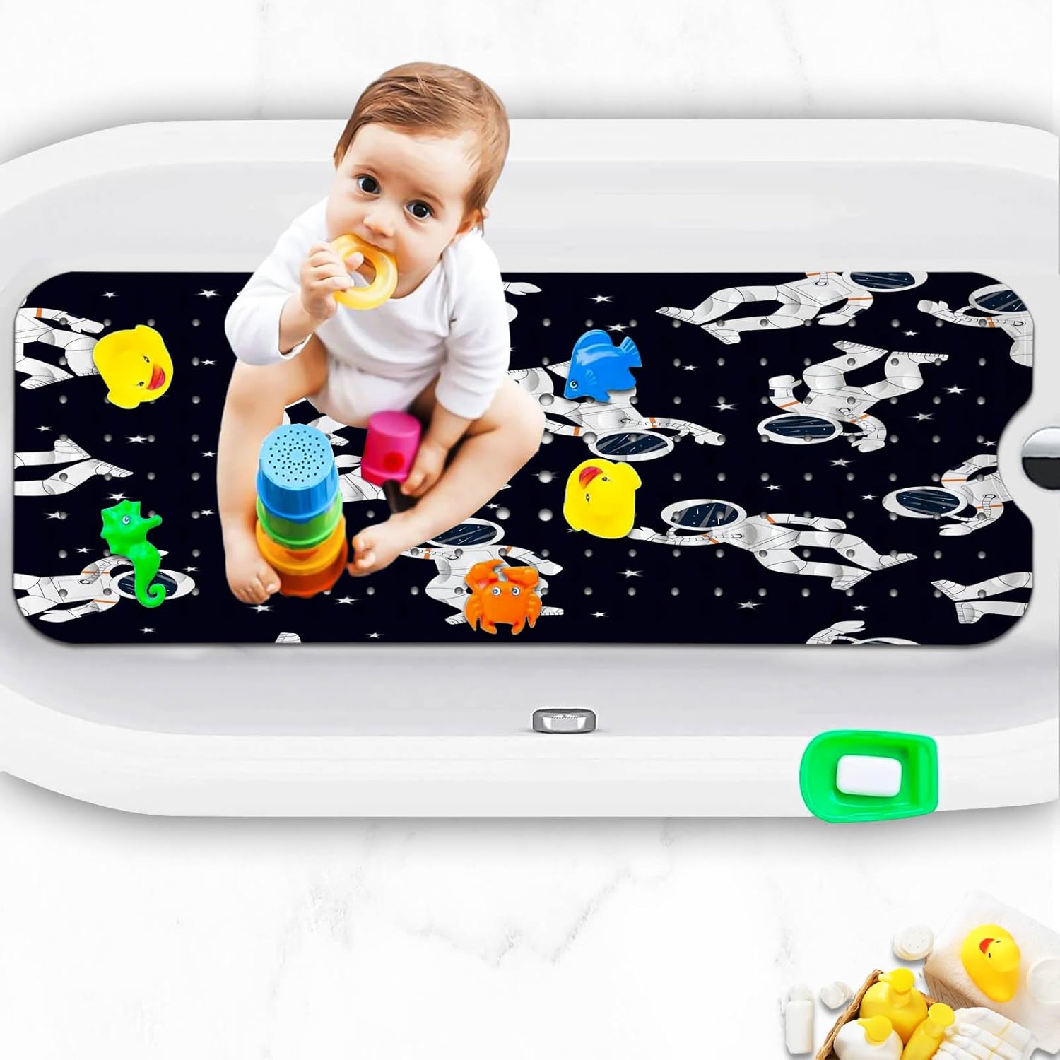KINUUIS Tapetes de bañera para niños, tapete de baño de astronauta negro antideslizante para bañera de 40 x 16 pulgadas, grande, lavable,