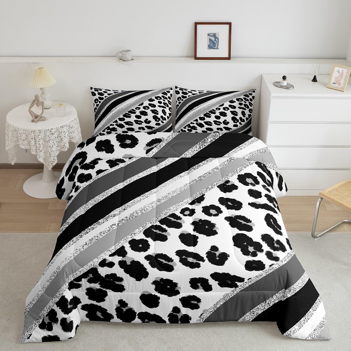 Juego de edredón para niños con estampado de leopardo, tamaño matrimonial, juego de ropa de cama de moda de piel de guepardo abstracto, decoración