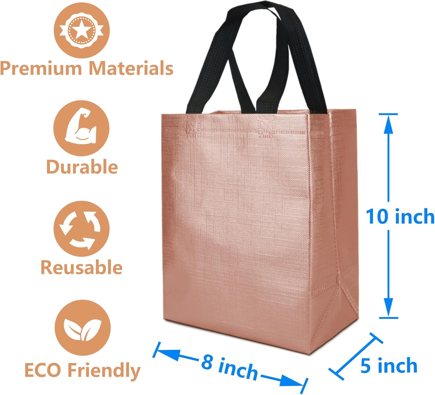 Paquete de 12 bolsas de regalo medianas de color oro rosa, bolsas de regalo reutilizables con asas, resistentes, brillantes, metálicas, no tejidas,