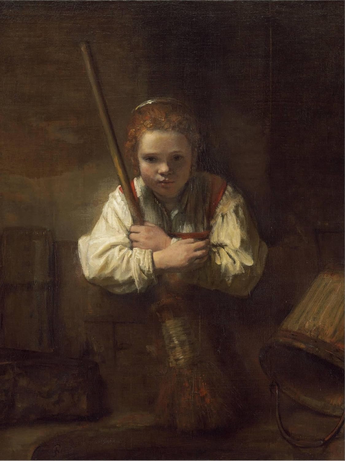 ART.COM Lienzo decorativo para pared, diseño de una chica con escoba, 1651 por Rembrandt van Rijn, decoración figurativa, 18 x 24 pulgadas