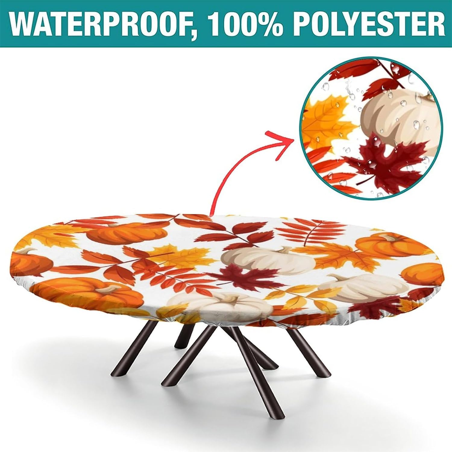 Manteles ovalados con borde elástico para otoño, mantel de calabaza de otoño, para picnic al aire libre, campamento y cocina, comedor, fiesta, se